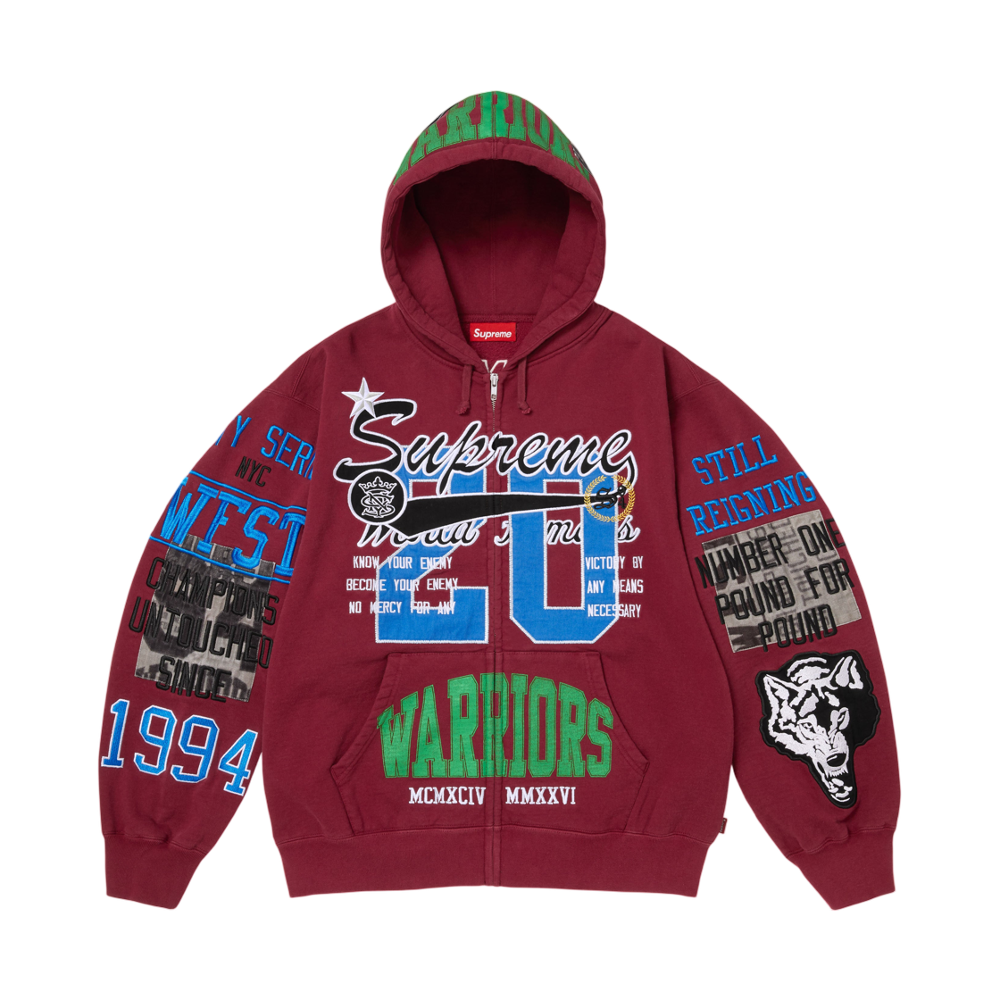 슈프림 워리어스 아플리케 집업 후드 스웨트셔츠 카디널 - 26SS(Supreme Warriors Applique Zip Up Hooded Sweatshirt Cardinal - 26SS) - 1