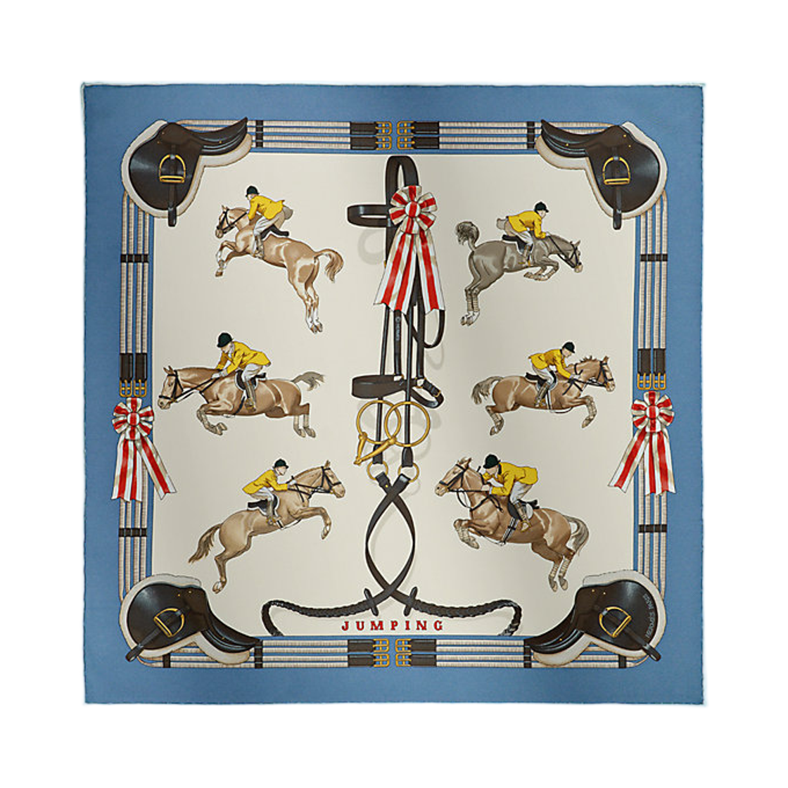 H891526S02 (W) Hermes Jumping Scarf 45 Silk Twill & Blue Jeans Creme John