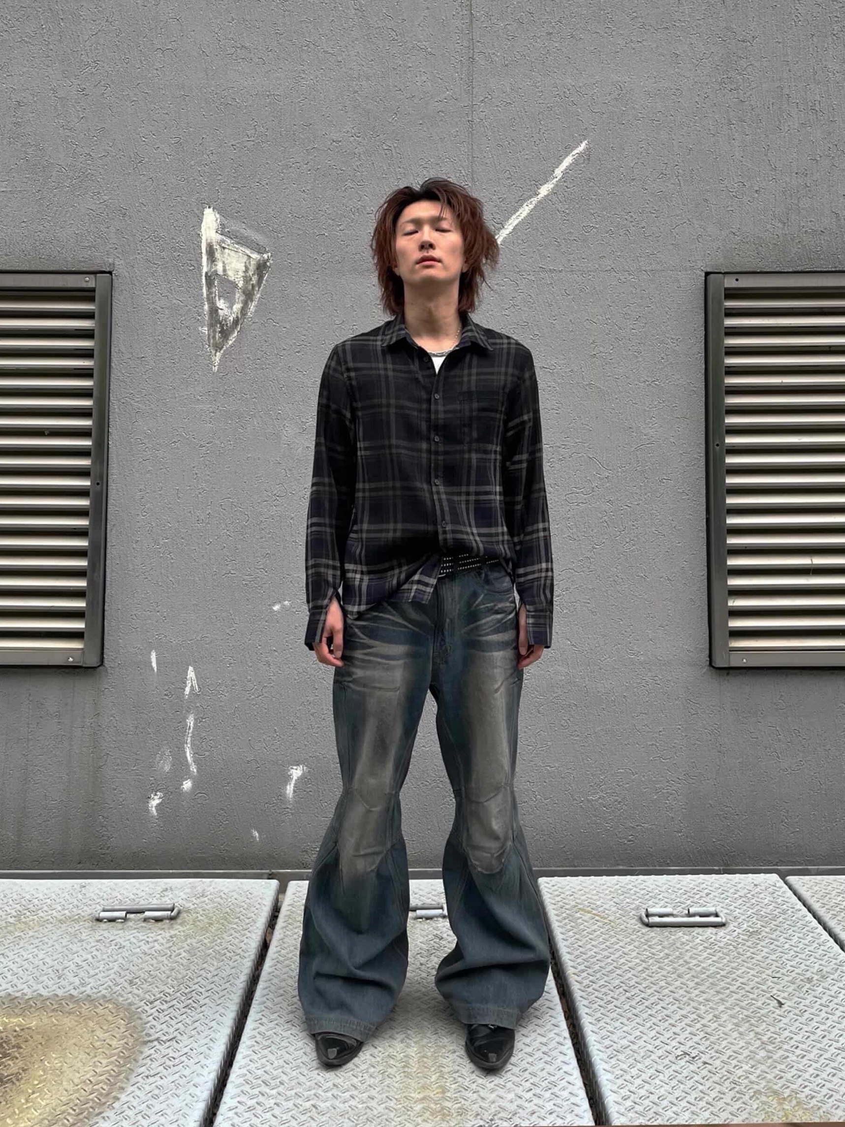 BLR Double Yoke Oil Washed Bootcut Denim Pants, BLR Vintage Faded Check Shirt 착용 스타일