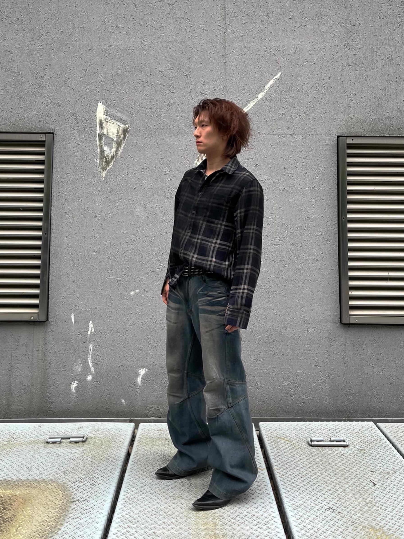 BLR Double Yoke Oil Washed Bootcut Denim Pants, BLR Vintage Faded Check Shirt 착용 스타일