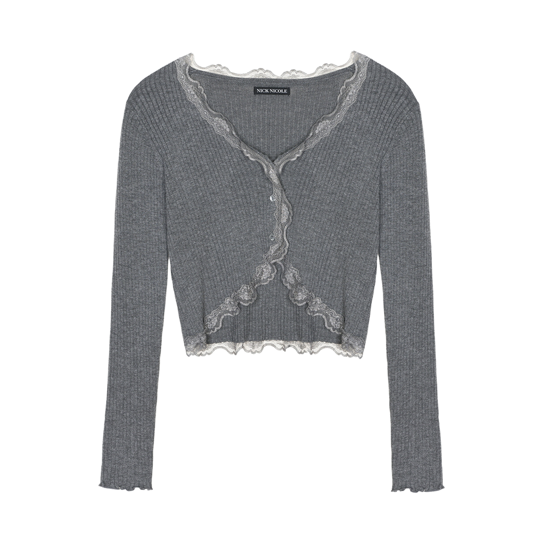 N_SS NICK&NICOLE Lace Frill Essential Crop Cardigan Gray