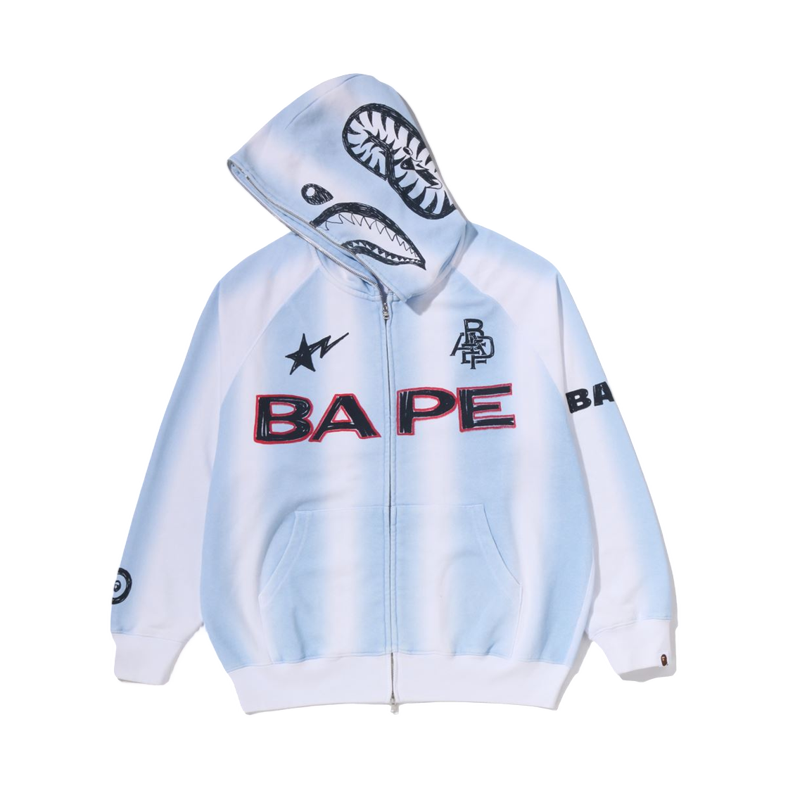 베이프 핸드 드로우 풋볼 샤크 릴렉스드 핏 풀 집 후드 화이트(BAPE Hand Draw Football Shark Relaxed Fit Full Zip Hoodie White) - 2