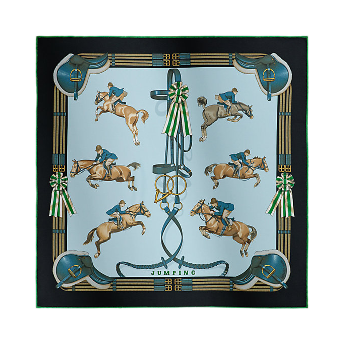 H891526S03 (W) Hermes Jumping Scarf 45 Silk Twill & Noir Blue Ciel Vert