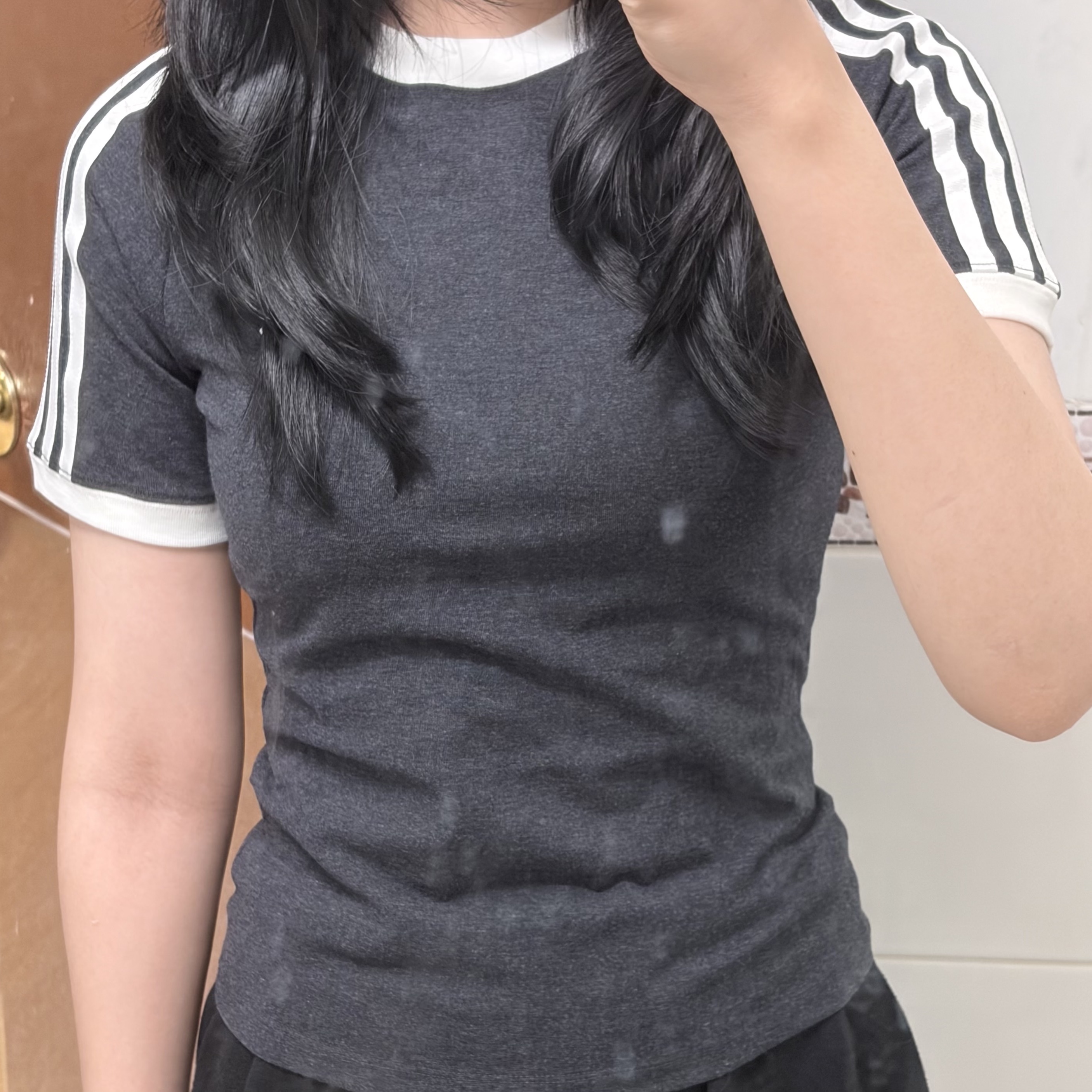(W) Adidas 3S Slim Reglan T-Shirt Black Melange - KR Sizing 착용 스타일