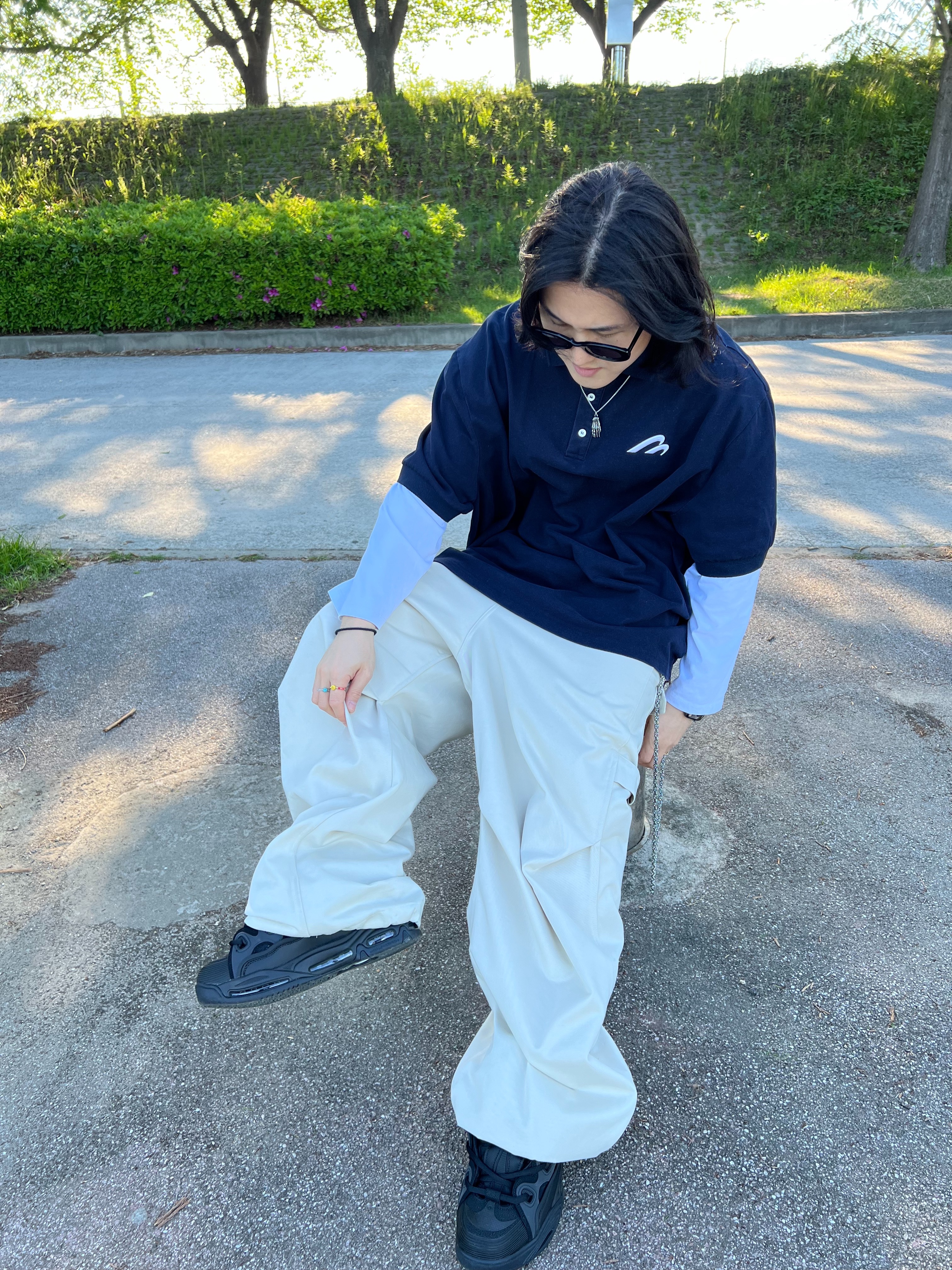 MJD Oversized Polo Navy, Kamien 247 All day Baggy Pants Light Beige 착용 스타일 - 6