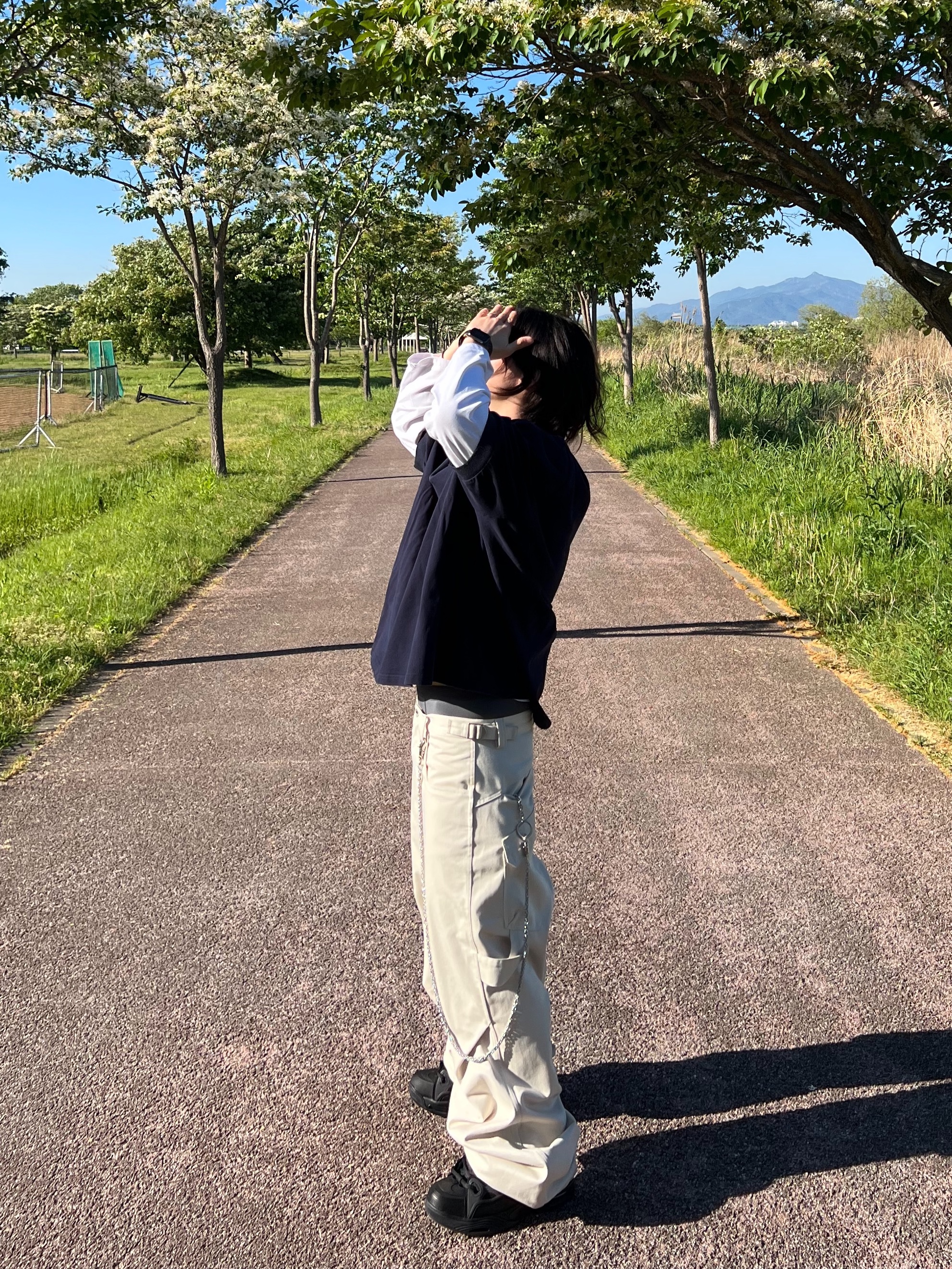 MJD Oversized Polo Navy, Kamien 247 All day Baggy Pants Light Beige 착용 스타일 - 5