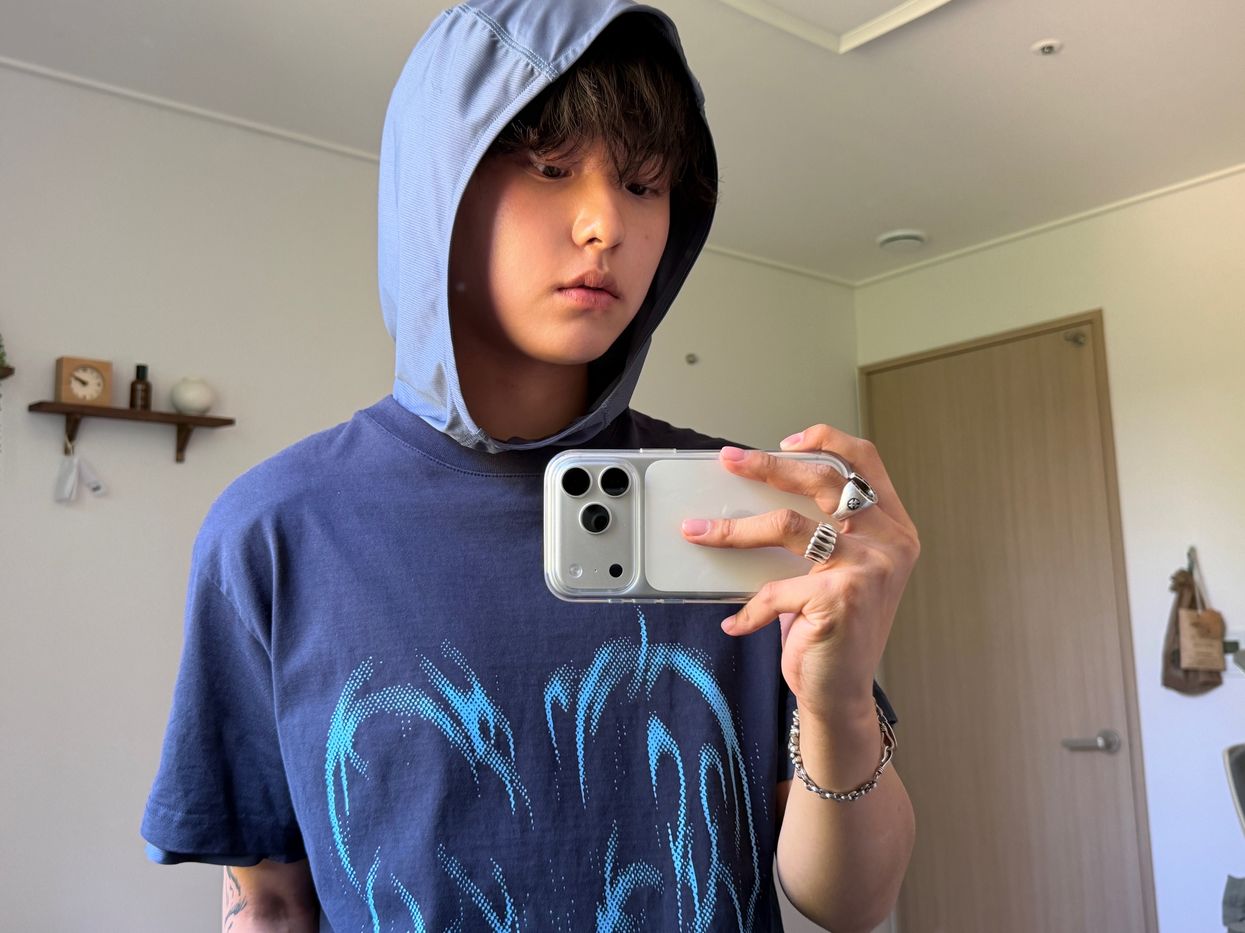 Sansan Gear Pulse Of Rebirth T-Shirt Navy - 25SS, Sansan Gear Hoodied Pocket T-Shirt Blue 착용 스타일