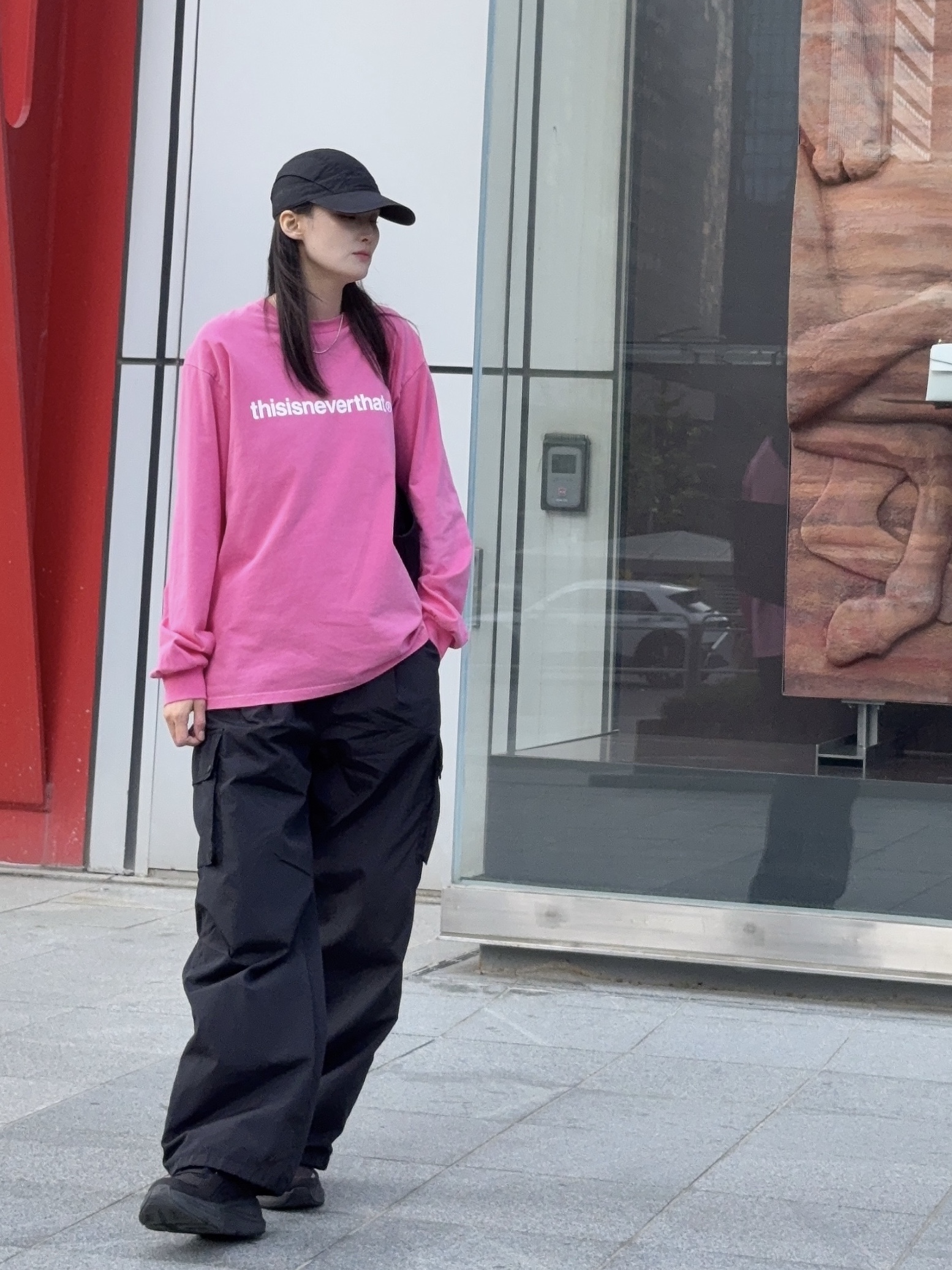 Hoka Bondi 9 Black - Wide, Thisisneverthat T-Logo L/S T-Shirt Taffy 착용 스타일 - 1