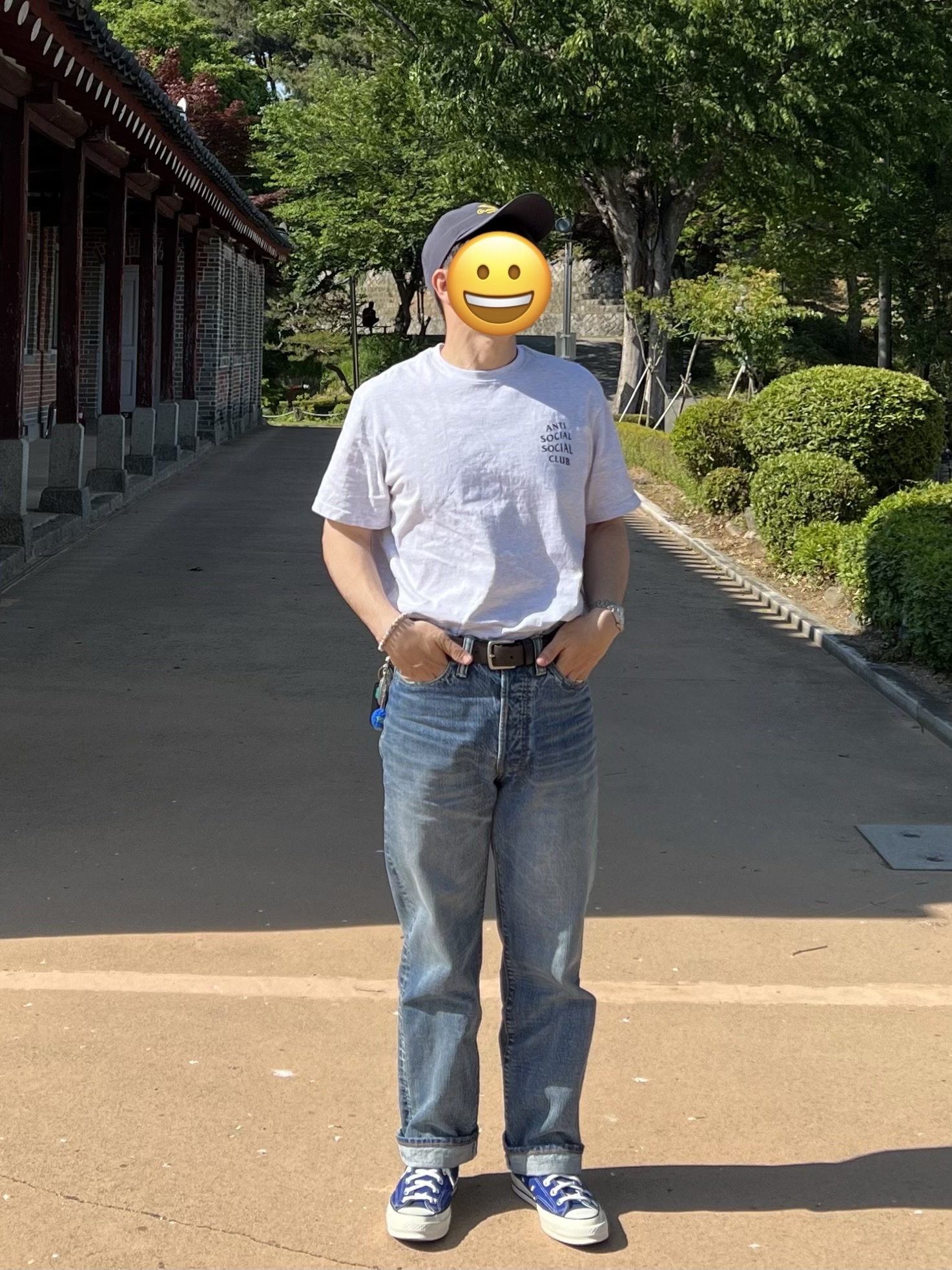 Anti Social Social Club x Dickies Logo T-Shirt Ash Gray, Outstanding 40S Selvedge Straight Pants Light Blue 착용 스타일 - 1