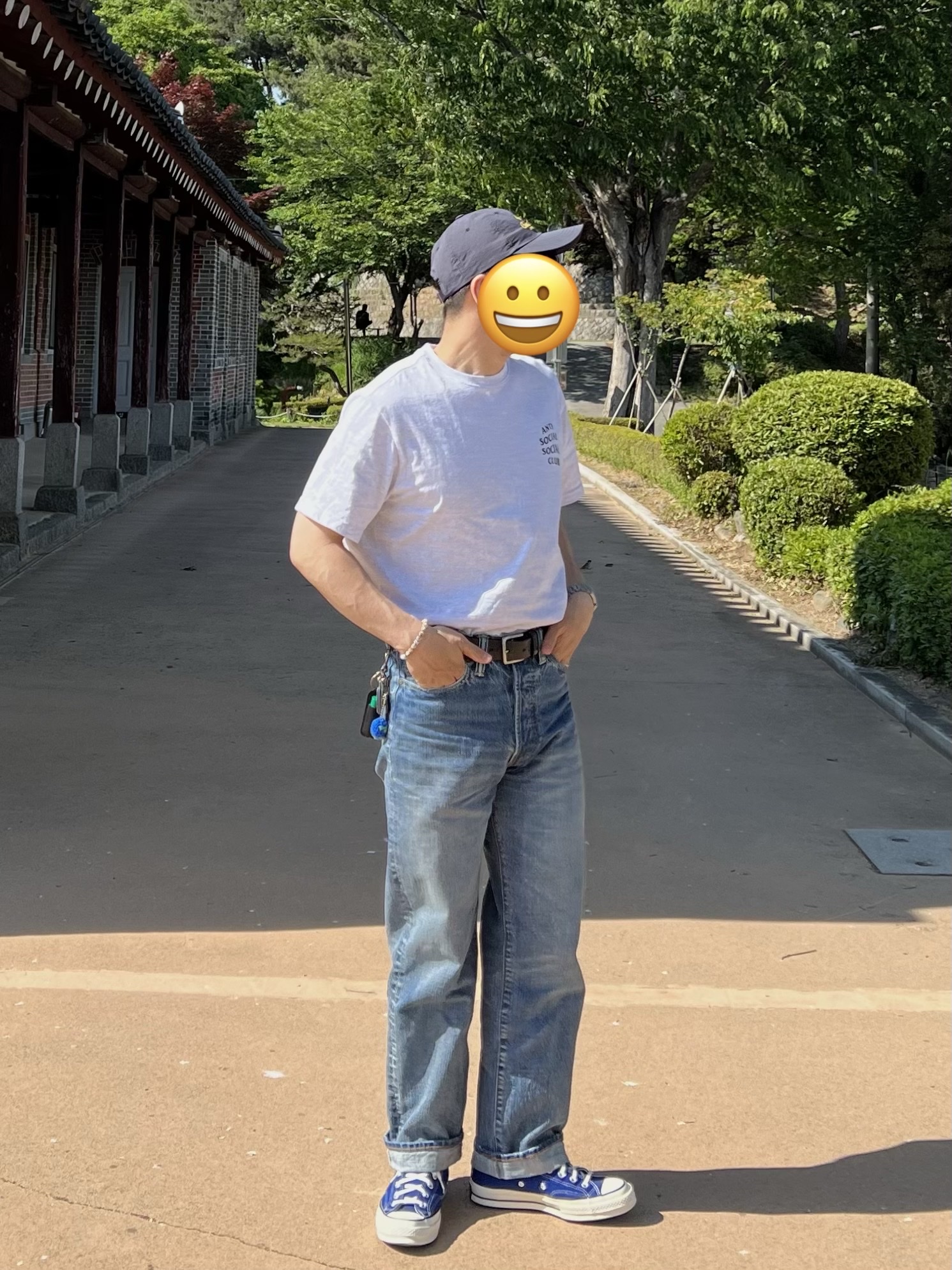 Anti Social Social Club x Dickies Logo T-Shirt Ash Gray, Outstanding 40S Selvedge Straight Pants Light Blue 착용 스타일 - 2