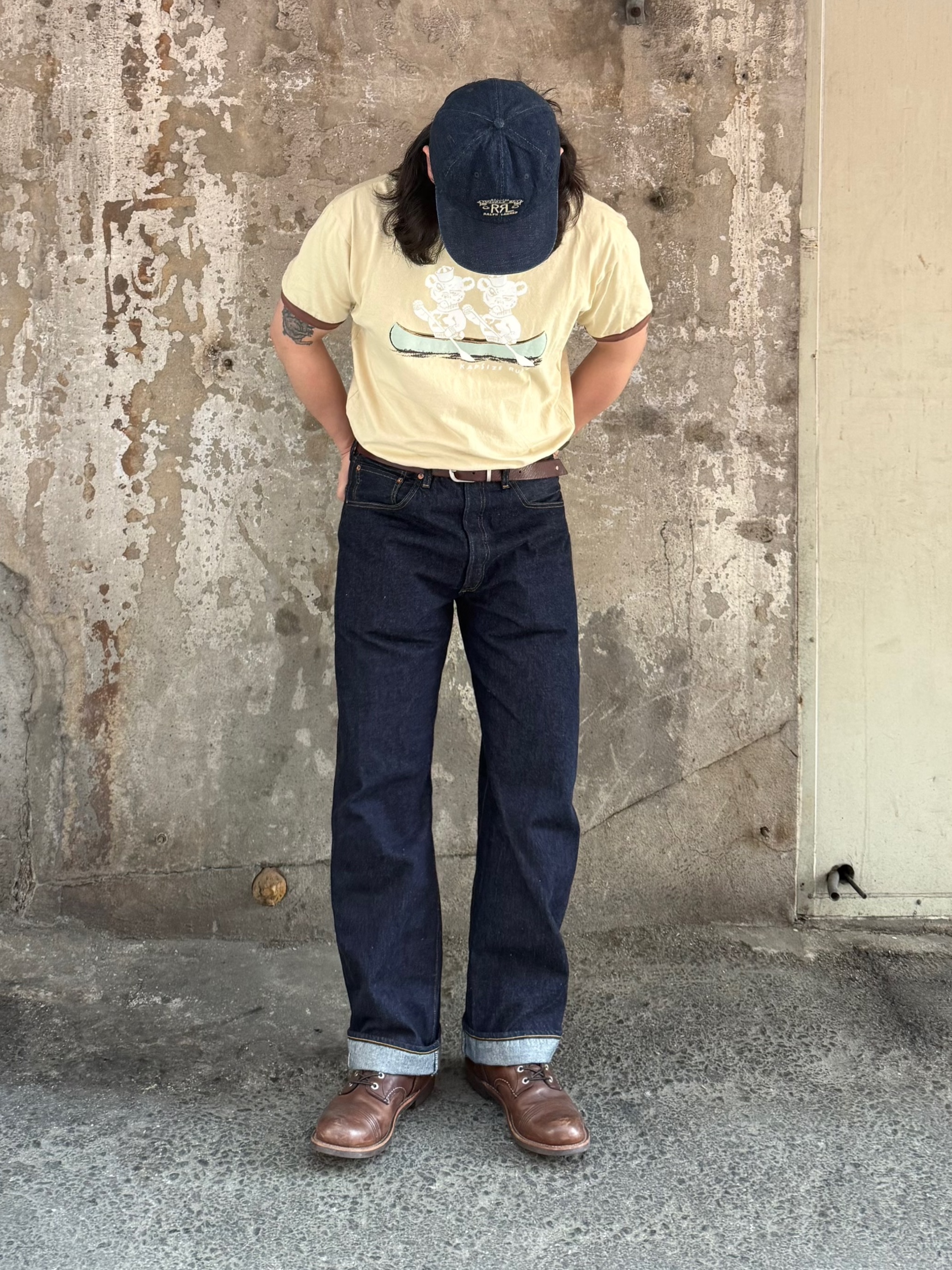 Kapital 20 Jersey Ringer T-Shirt K Bear Pt Beige, Levi's LVC 1955 Rinse 501 Jeans Dark Indigo 착용 스타일 - 1
