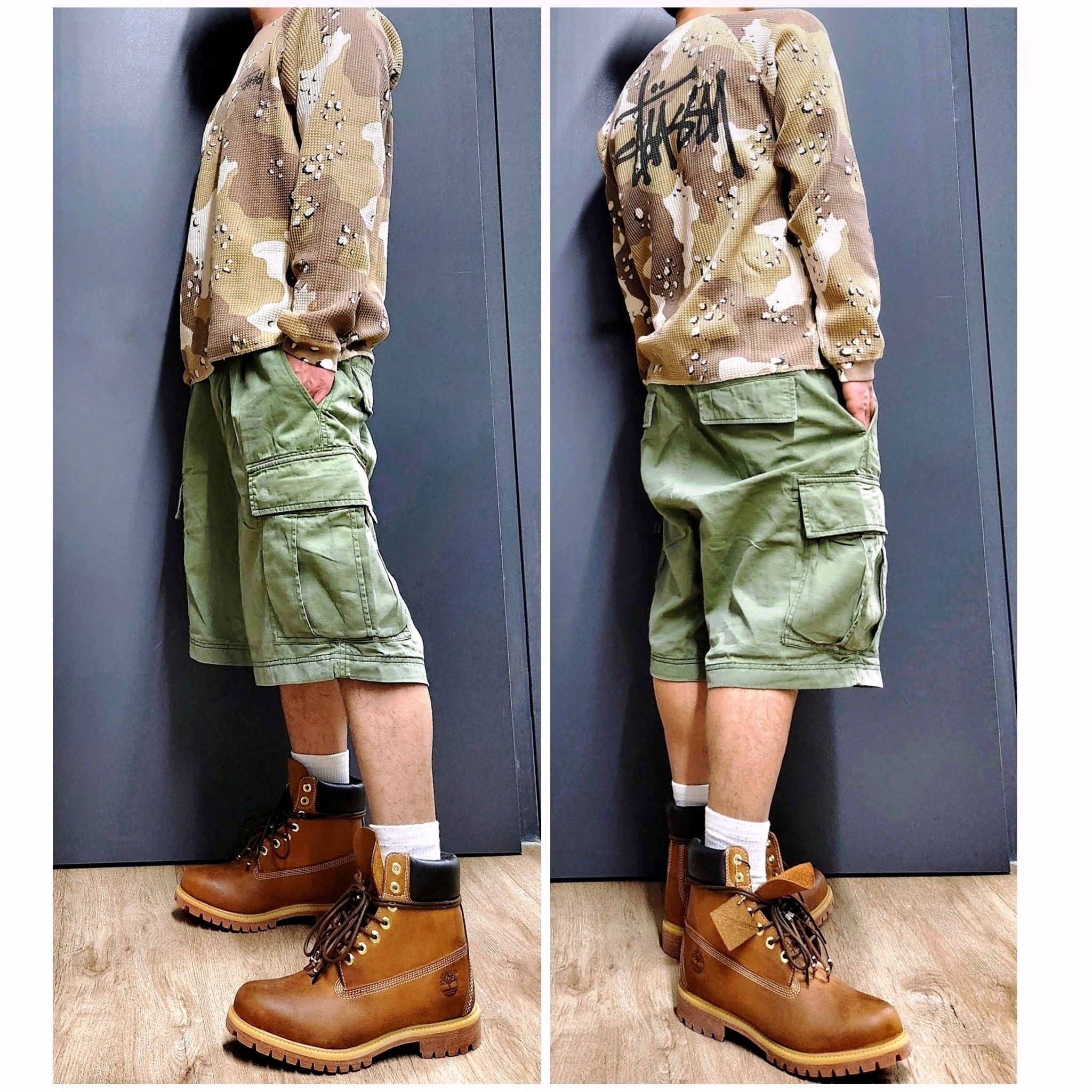 Timberland x Hatchingroom 6 Inch Boots Oil-Burnished - Wide, Stussy Raglan Thermal LS Crew Desert Camo 착용 스타일 - 2