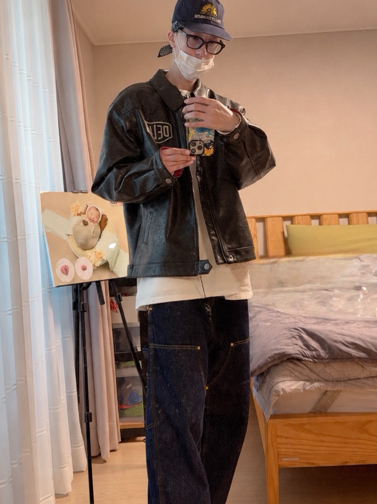 Deus Ex Machina Rider’s Friend Jacket Black, Carhartt WIP Nash Loose Fit Double Knee Pants Blue Rinsed 착용 스타일 - 1