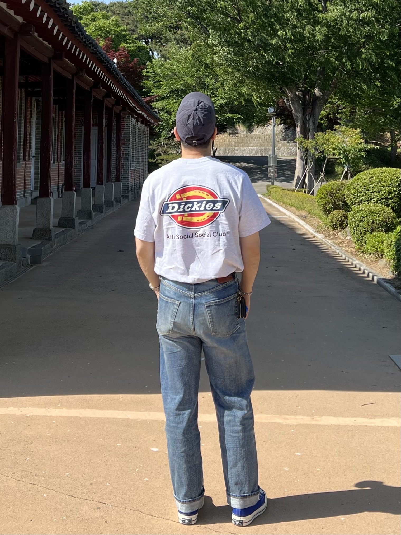 Anti Social Social Club x Dickies Logo T-Shirt Ash Gray, Outstanding 40S Selvedge Straight Pants Light Blue 착용 스타일 - 4