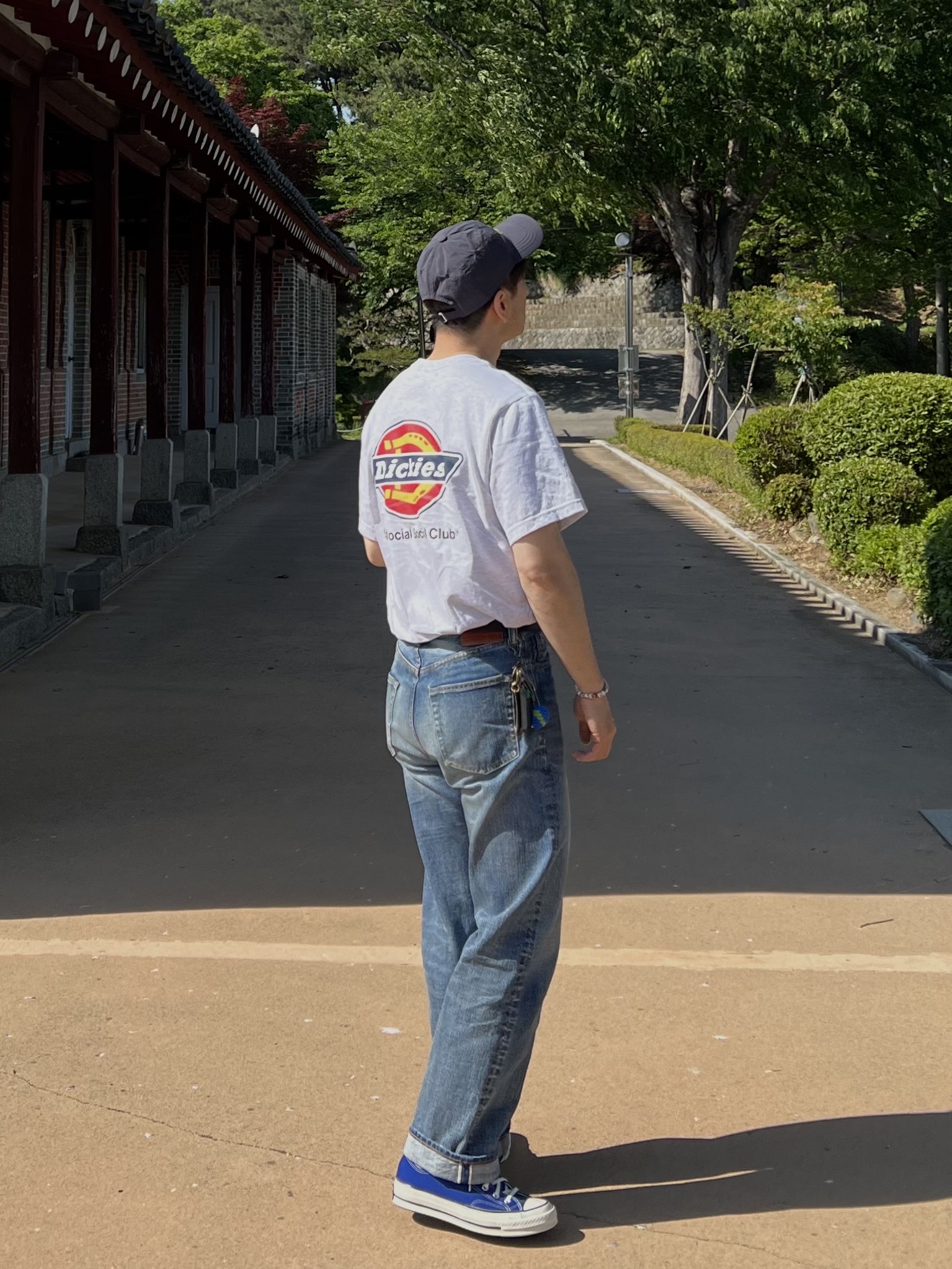 Anti Social Social Club x Dickies Logo T-Shirt Ash Gray, Outstanding 40S Selvedge Straight Pants Light Blue 착용 스타일 - 3