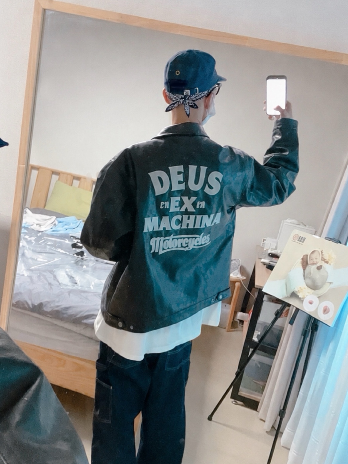 Deus Ex Machina Rider’s Friend Jacket Black, Carhartt WIP Nash Loose Fit Double Knee Pants Blue Rinsed 착용 스타일 - 3