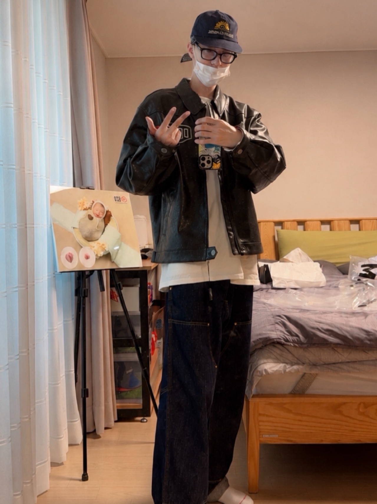 Deus Ex Machina Rider’s Friend Jacket Black, Carhartt WIP Nash Loose Fit Double Knee Pants Blue Rinsed 착용 스타일 - 2