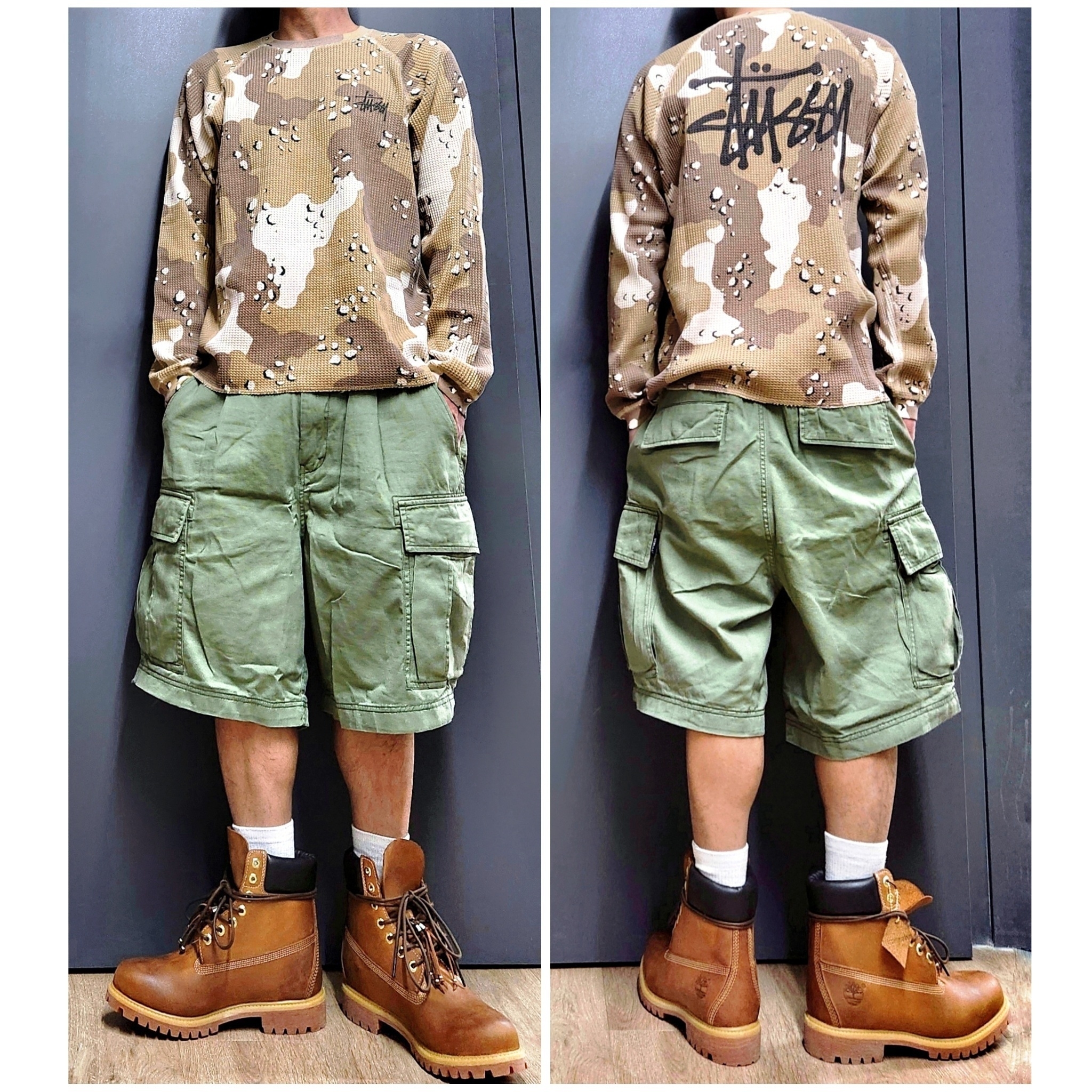Timberland x Hatchingroom 6 Inch Boots Oil-Burnished - Wide, Stussy Raglan Thermal LS Crew Desert Camo 착용 스타일 - 1