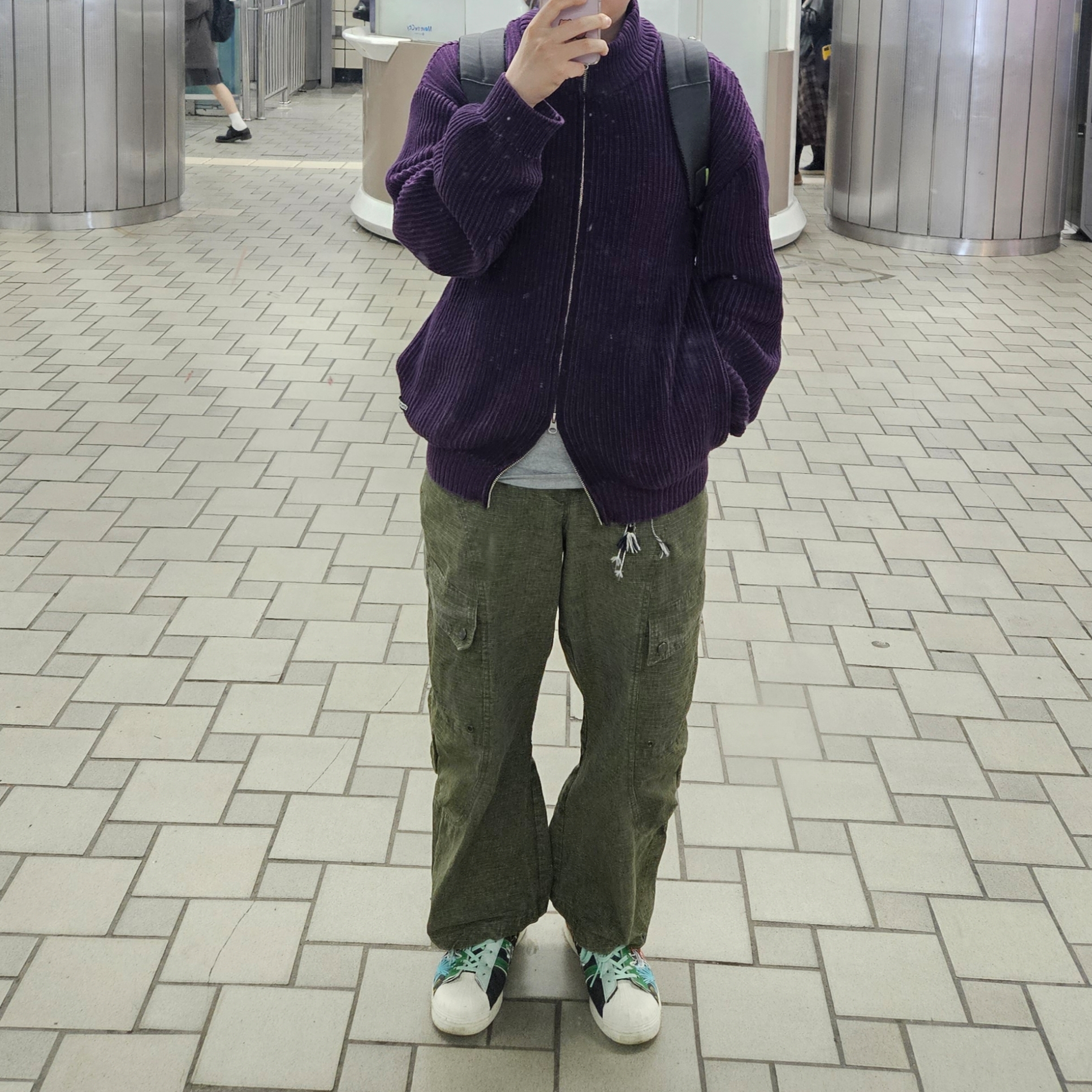 Thevinylhouse Vertical Pattern Cardigan Purple 착용 스타일
