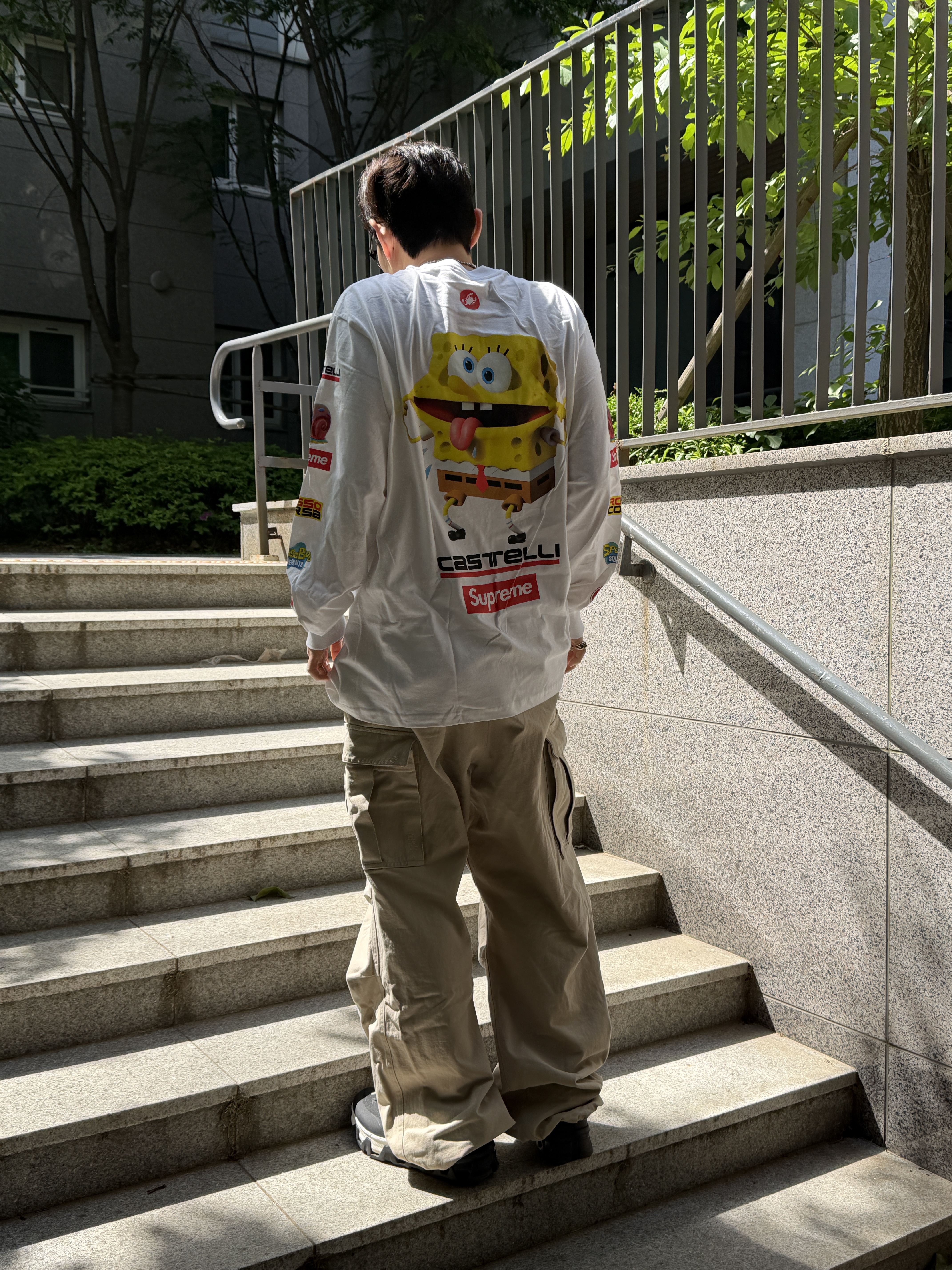 Supreme x SpongeBob SquarePants Castelli Racing L/S T-Shirt White - 25SS, Chrome Hearts 1 Ball Tiny CH Cross Pendant Silver 착용 스타일 - 6