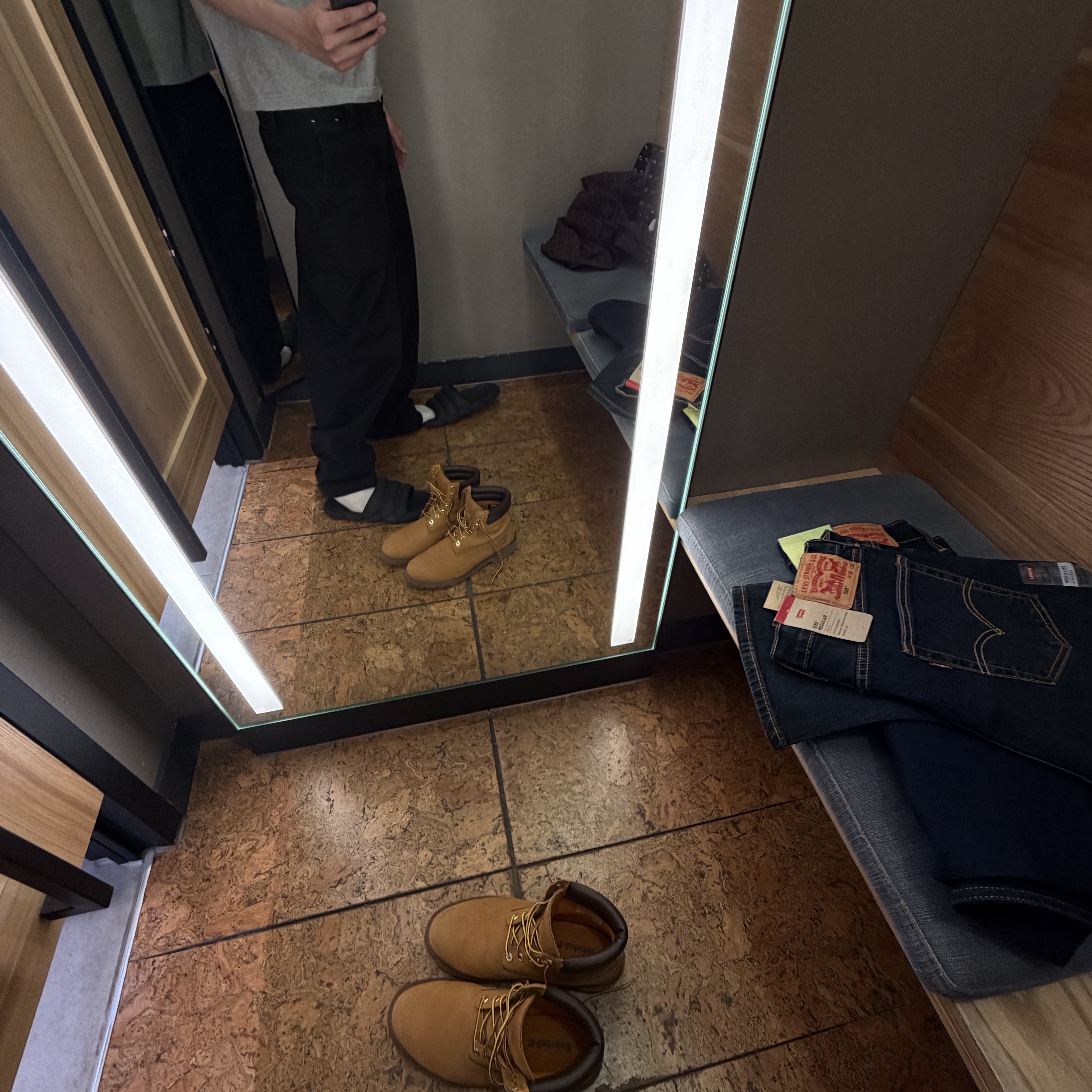 Levi's 505 Regular Fit Jeans Dark Indigo, Timberland Premium 6 inch Waterproof Boot Wheat Nubuck - Wide 착용 스타일 - 1