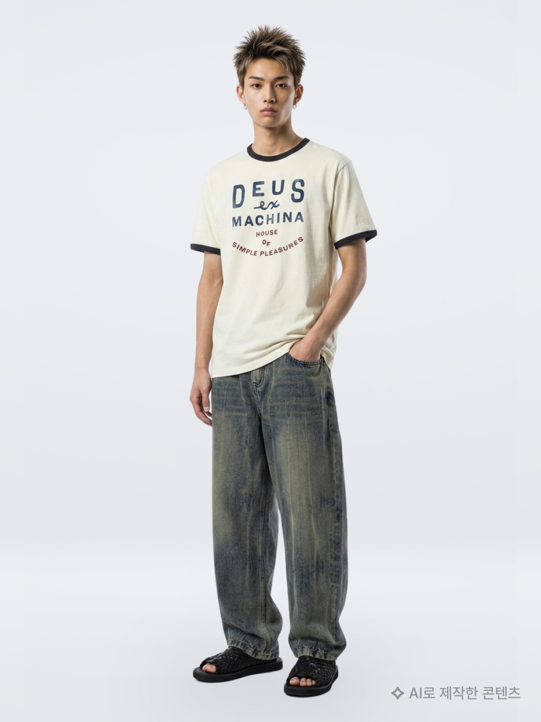 AMOU Molly Ringer T-Shirts Brown, Kapital Chino High-Waisted Baggy Pants Beige 착용 스타일 - 2