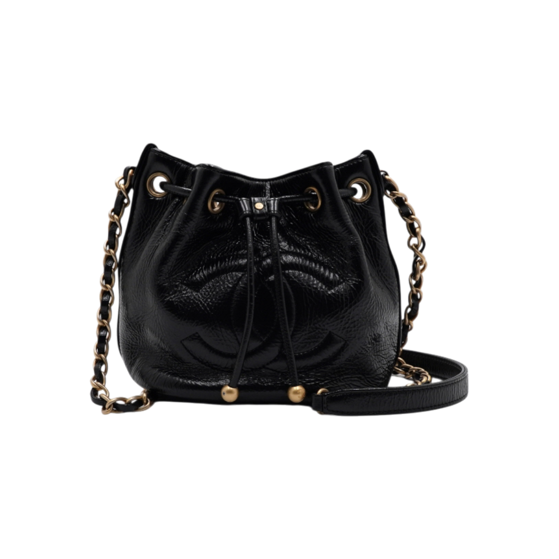 ITHHVGEJE4I2 Chanel Black Glossy Vintage Calfskin Drawstring Bucket Bag Gold Chain Shoulder & Crossbody Strap