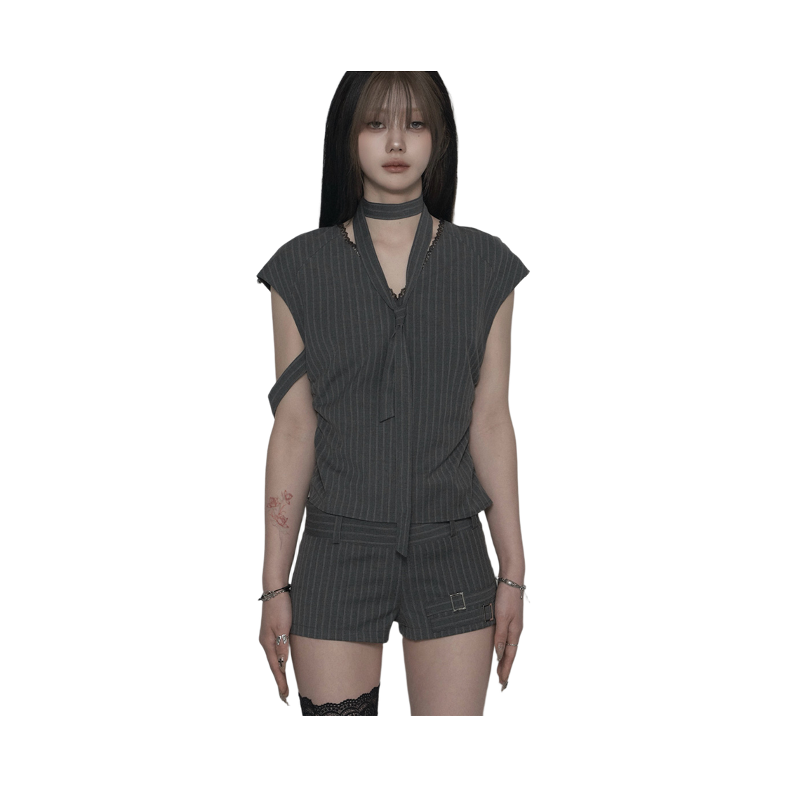 쇠아 스트라이프 슬릿 레이스 블라우스 그레이(SØAR Stripe Slit Race Blouse  Gray) - 3