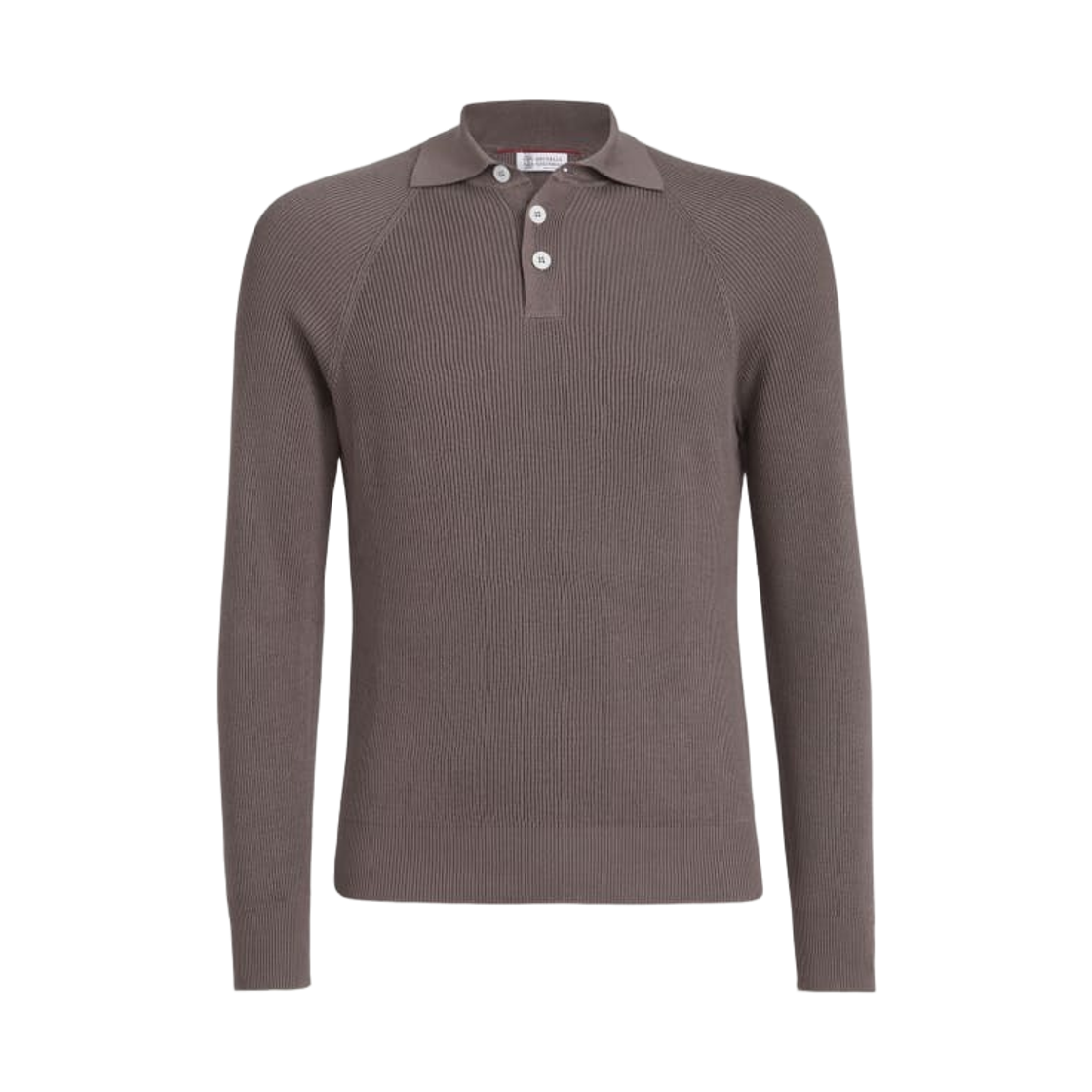 M29400105-CLL90 Brunello Cucinelli Cotton English Rib Knit Polo with Long Raglan Sleeves Hazelnut