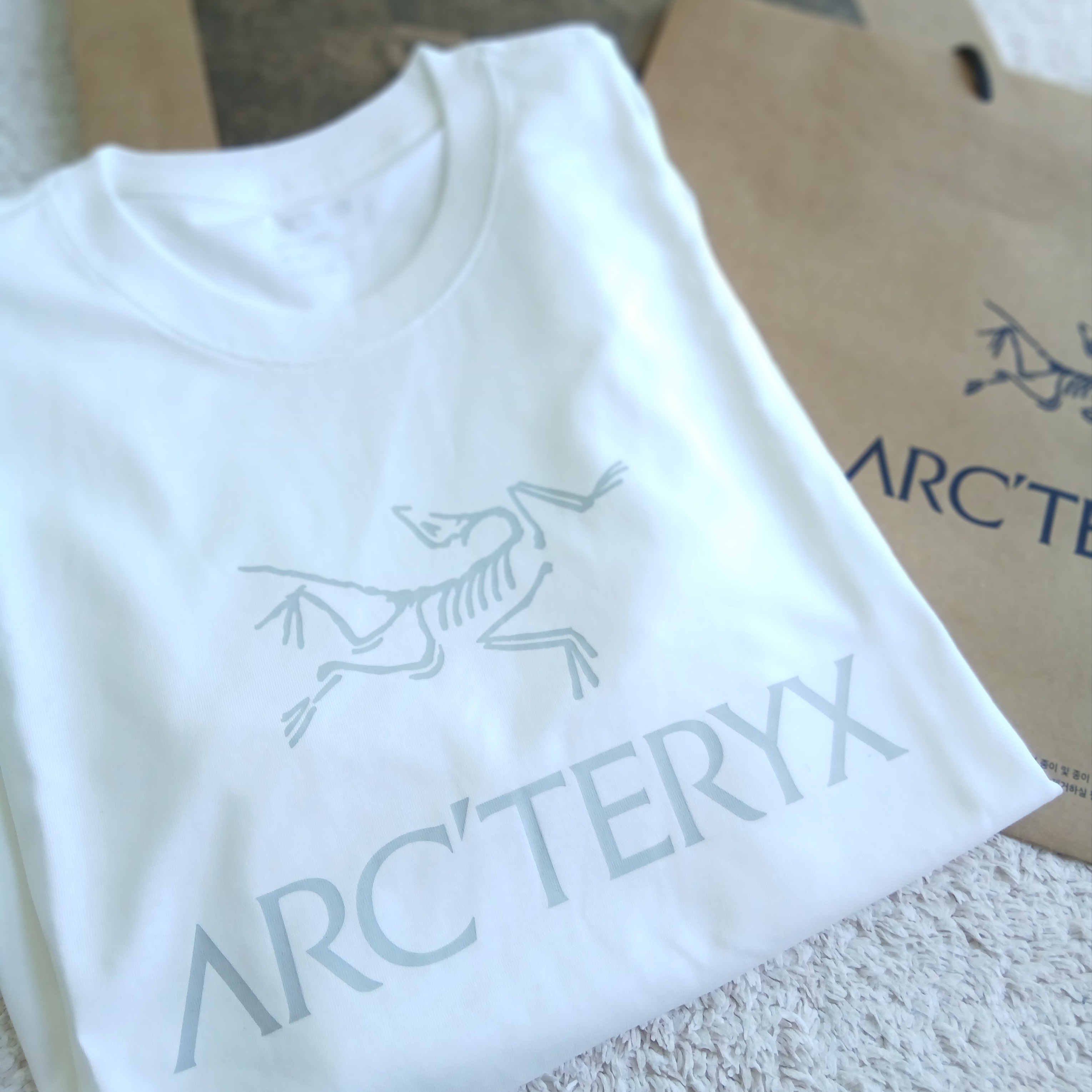 Arc'teryx Arc'word Logo SS T-Shirt White Light Solitude 착용 스타일 - 6
