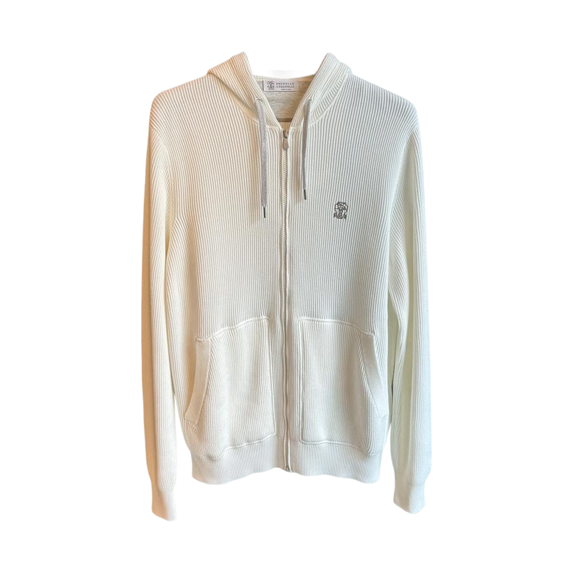 M29200416G-C2723 Brunello Cucinelli Cotton English Rib Knit Hooded Sweatshirt with Logo Zipper White