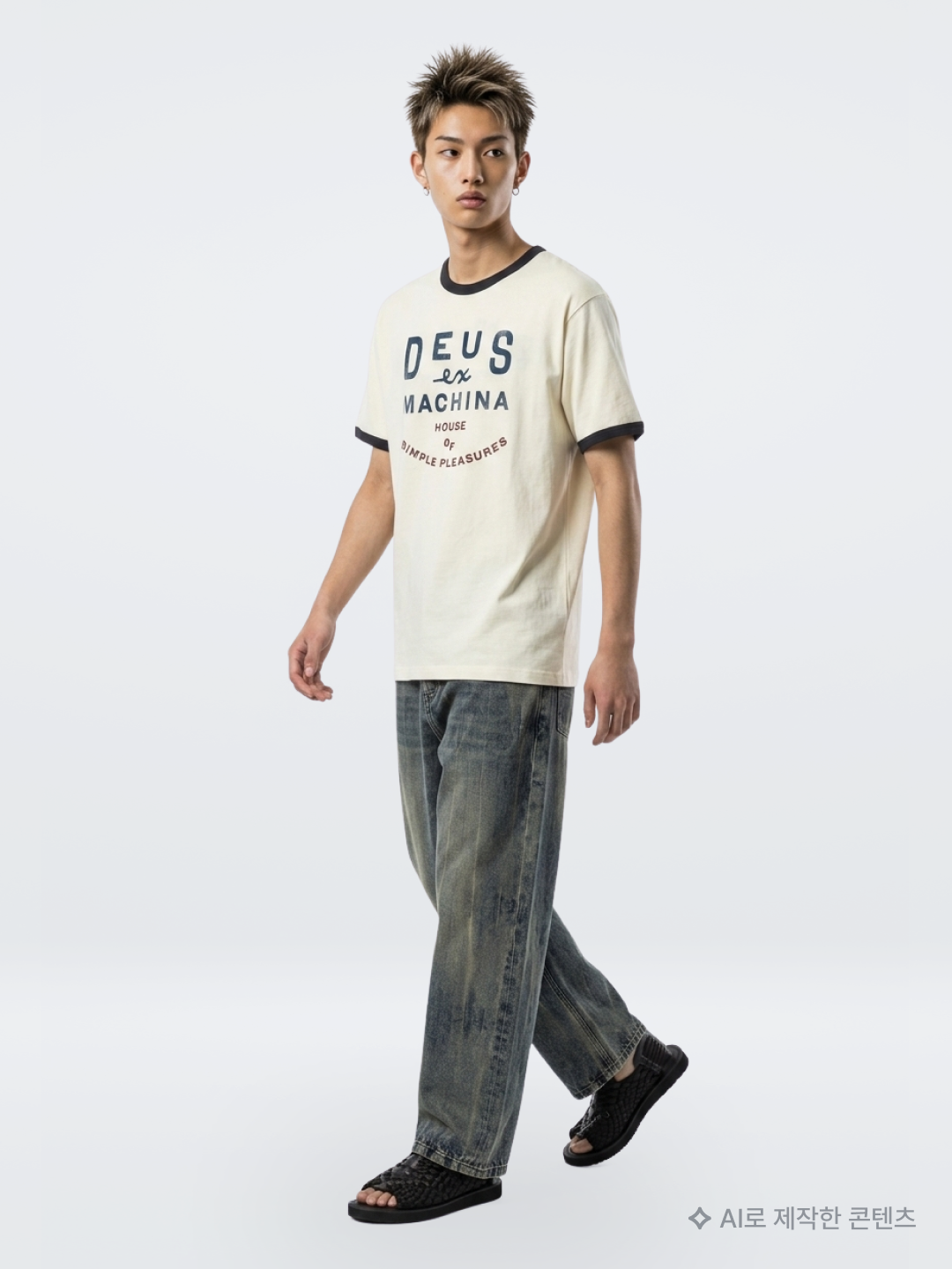 AMOU Molly Ringer T-Shirts Brown, Kapital Chino High-Waisted Baggy Pants Beige 착용 스타일 - 3