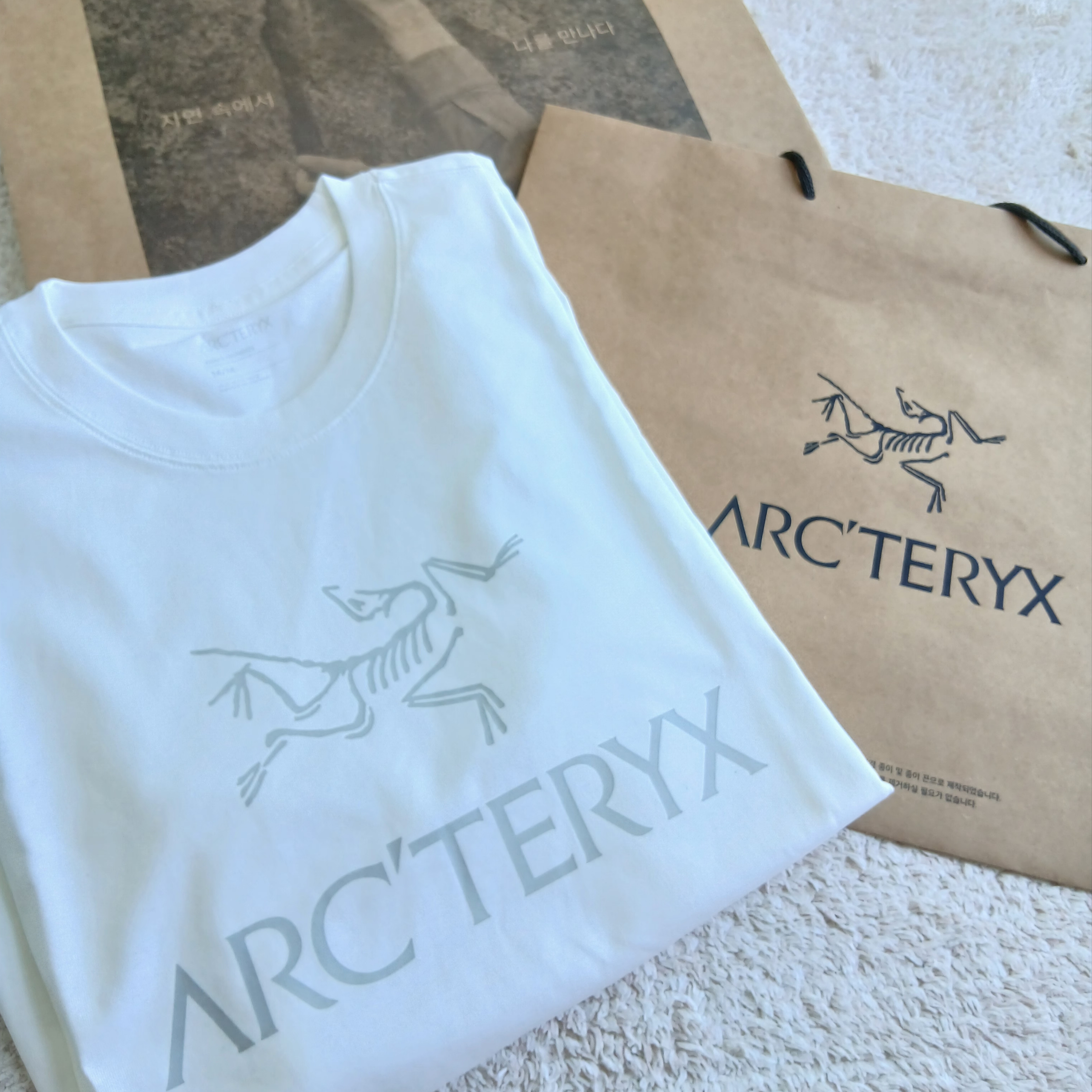 Arc'teryx Arc'word Logo SS T-Shirt White Light Solitude 착용 스타일 - 7