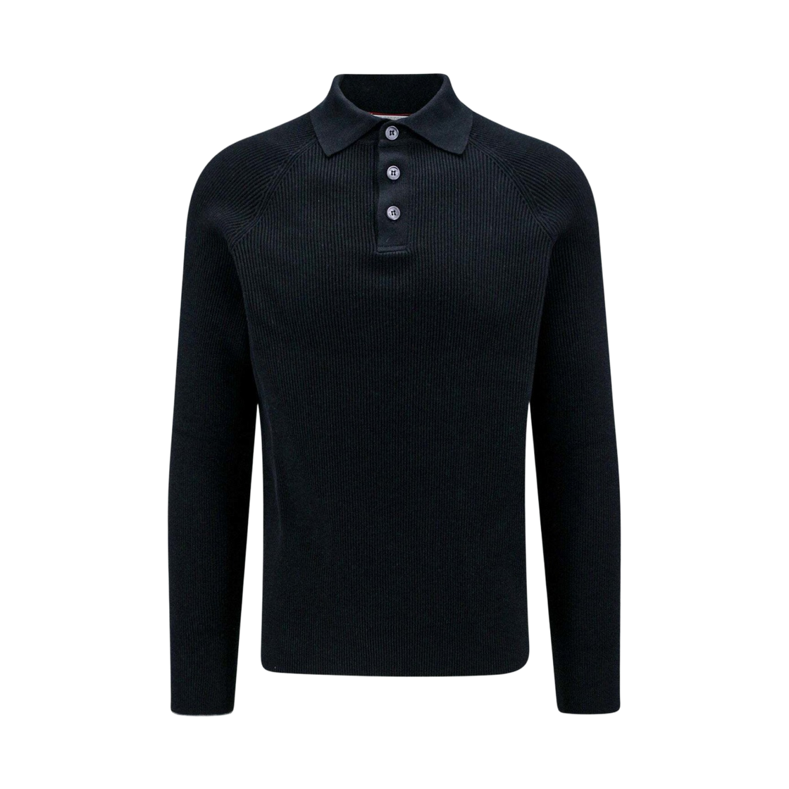 M29400105-CH101 Brunello Cucinelli Cotton English Rib Knit Polo with Long Raglan Sleeves Black