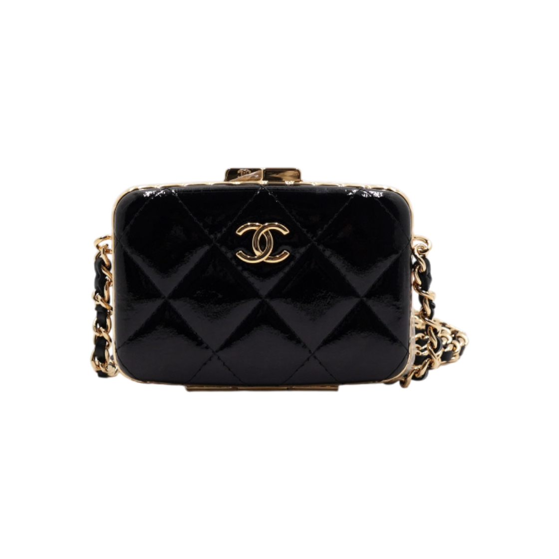 ITK6G6RN9AQ5 Chanel Black Goatskin Patent Evening Mini Box Bag Gold Chain