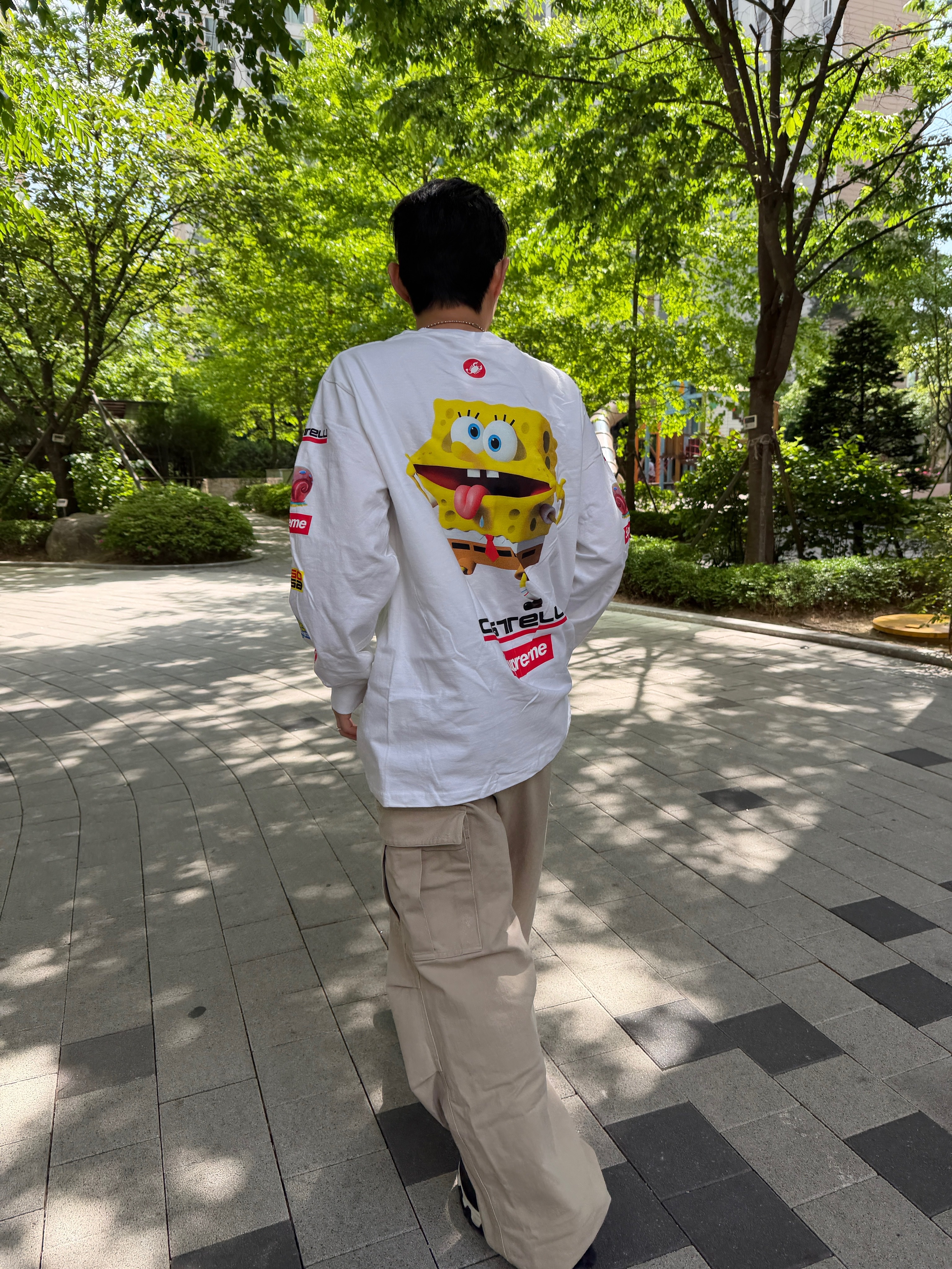 Supreme x SpongeBob SquarePants Castelli Racing L/S T-Shirt White - 25SS, Chrome Hearts 1 Ball Tiny CH Cross Pendant Silver 착용 스타일 - 7