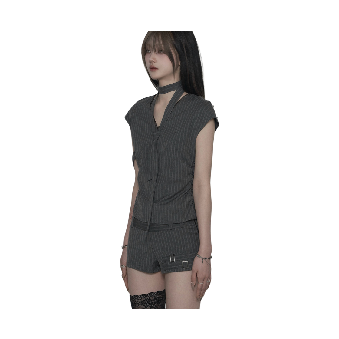 쇠아 스트라이프 슬릿 레이스 블라우스 그레이(SØAR Stripe Slit Race Blouse  Gray) - 4