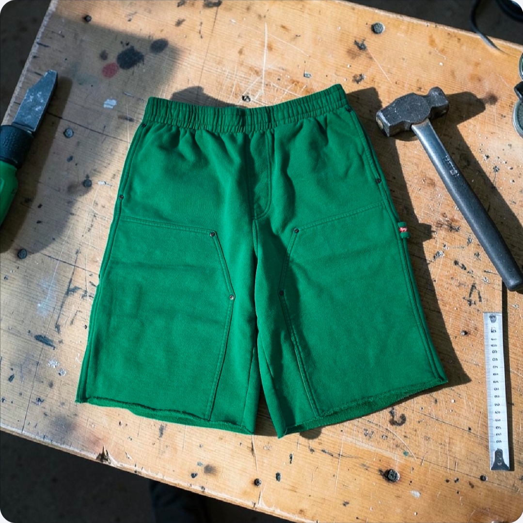 Supreme Double Knee Painter Sweatshort Green - 26SS 착용 스타일