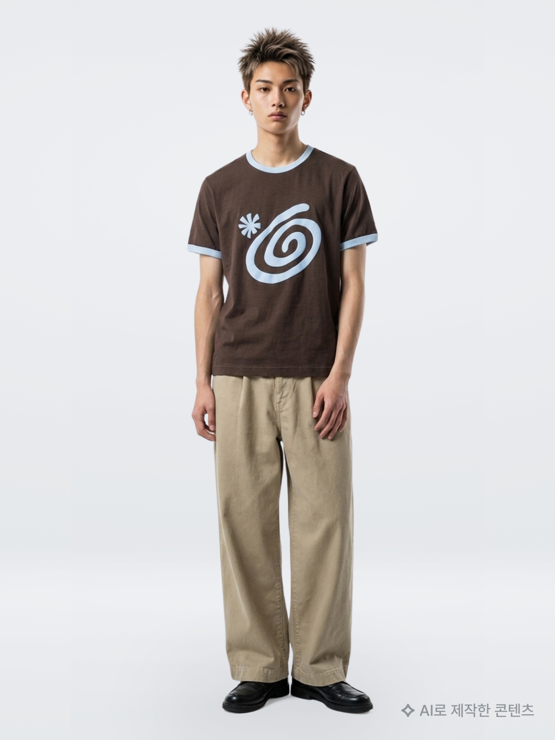 AMOU Molly Ringer T-Shirts Brown, Kapital Chino High-Waisted Baggy Pants Beige 착용 스타일 - 1