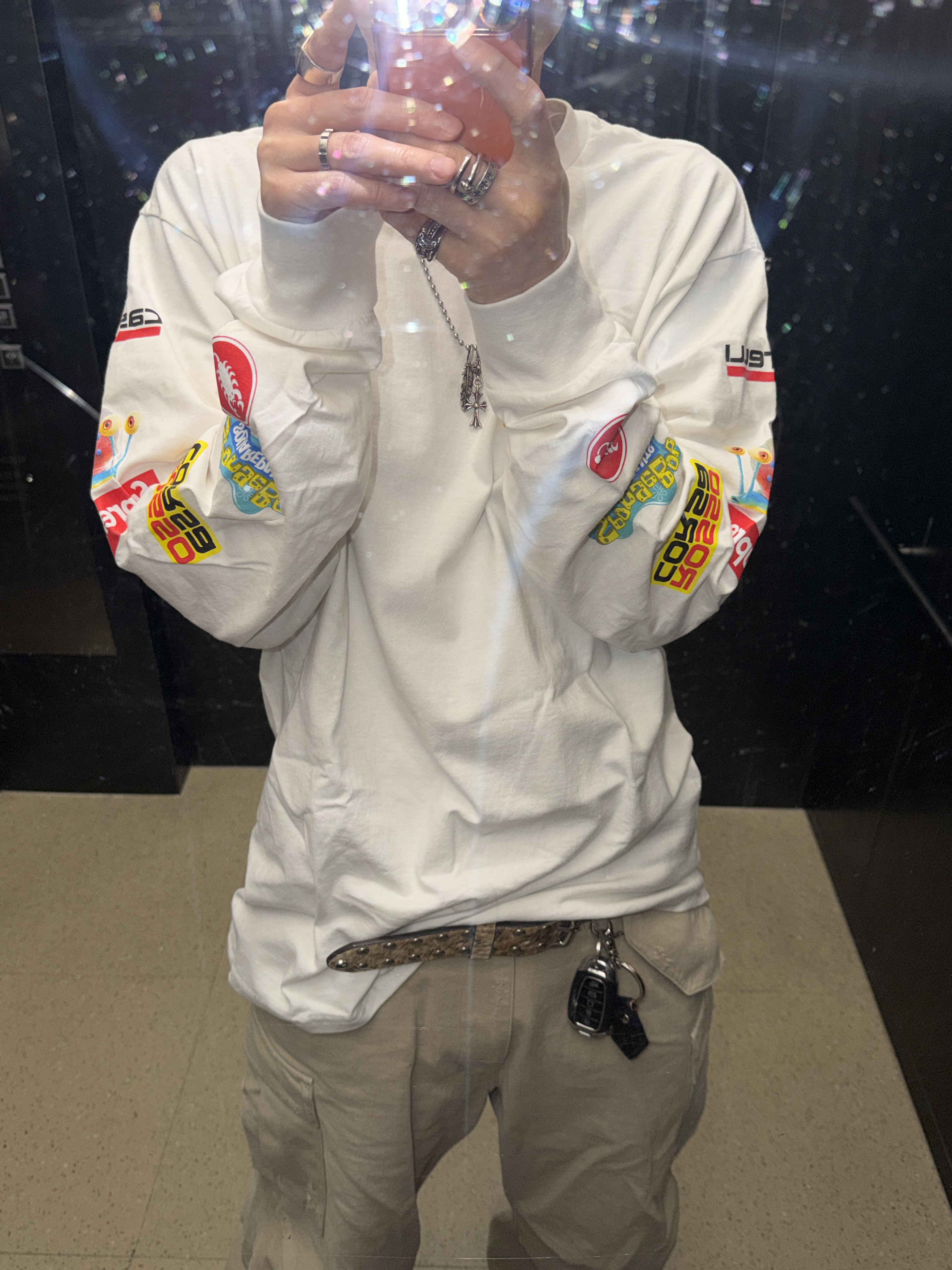 Supreme x SpongeBob SquarePants Castelli Racing L/S T-Shirt White - 25SS, Chrome Hearts 1 Ball Tiny CH Cross Pendant Silver 착용 스타일 - 1