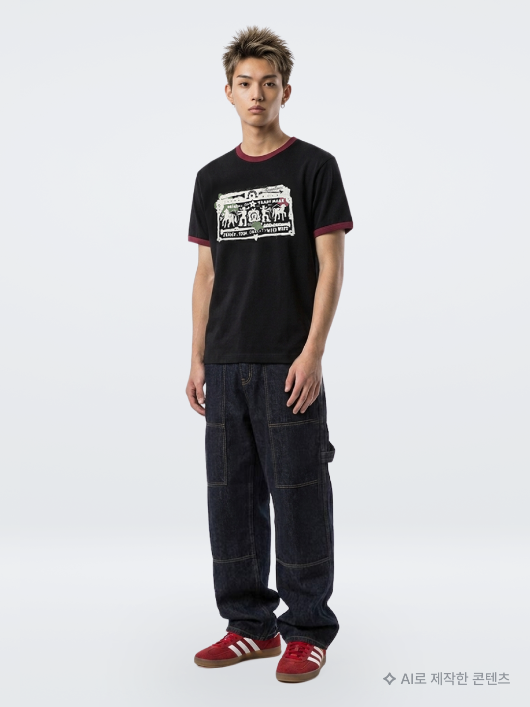 AMOU Molly Ringer T-Shirts Brown, Kapital Chino High-Waisted Baggy Pants Beige 착용 스타일 - 4