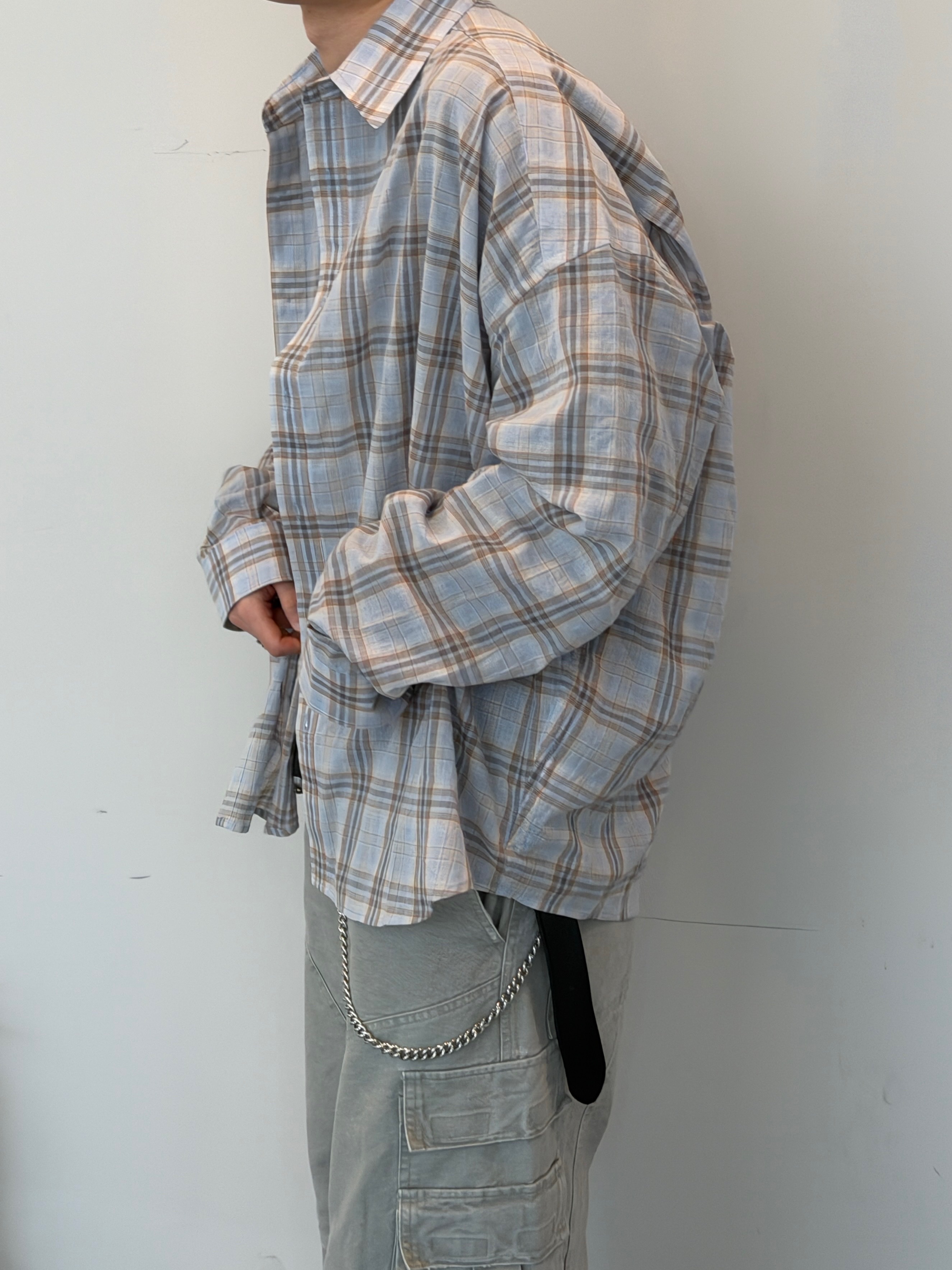 Nonnod Flexible Sheer Check Shirt Ash Gray, Undermycar Combat Utility Cargo Pants Misty Green 착용 스타일 - 3