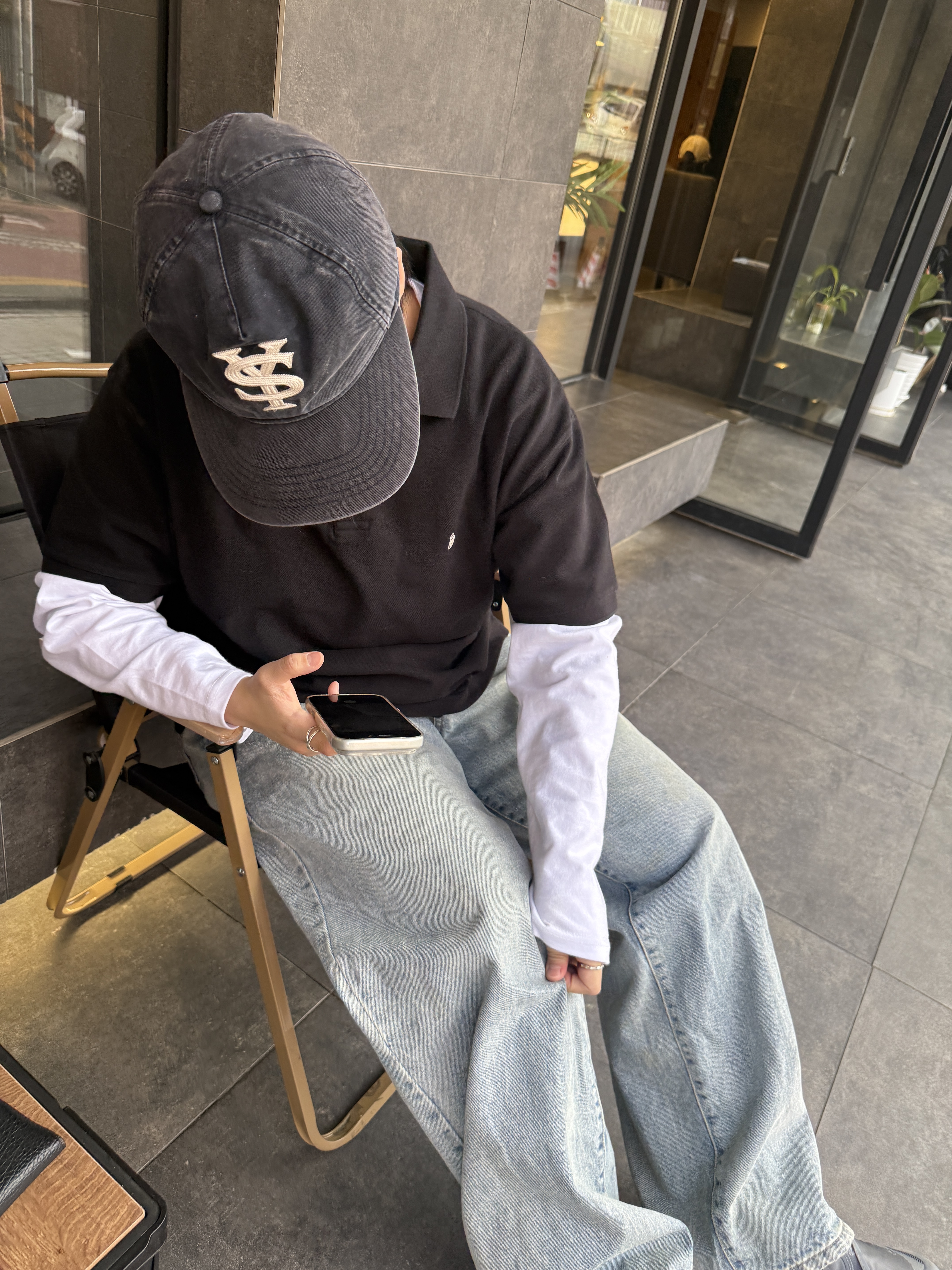 Stussy Classic Pique Polo Black, Sunday Ceremony Sy Logo 5 Panel Cotton Cap - Navy 착용 스타일