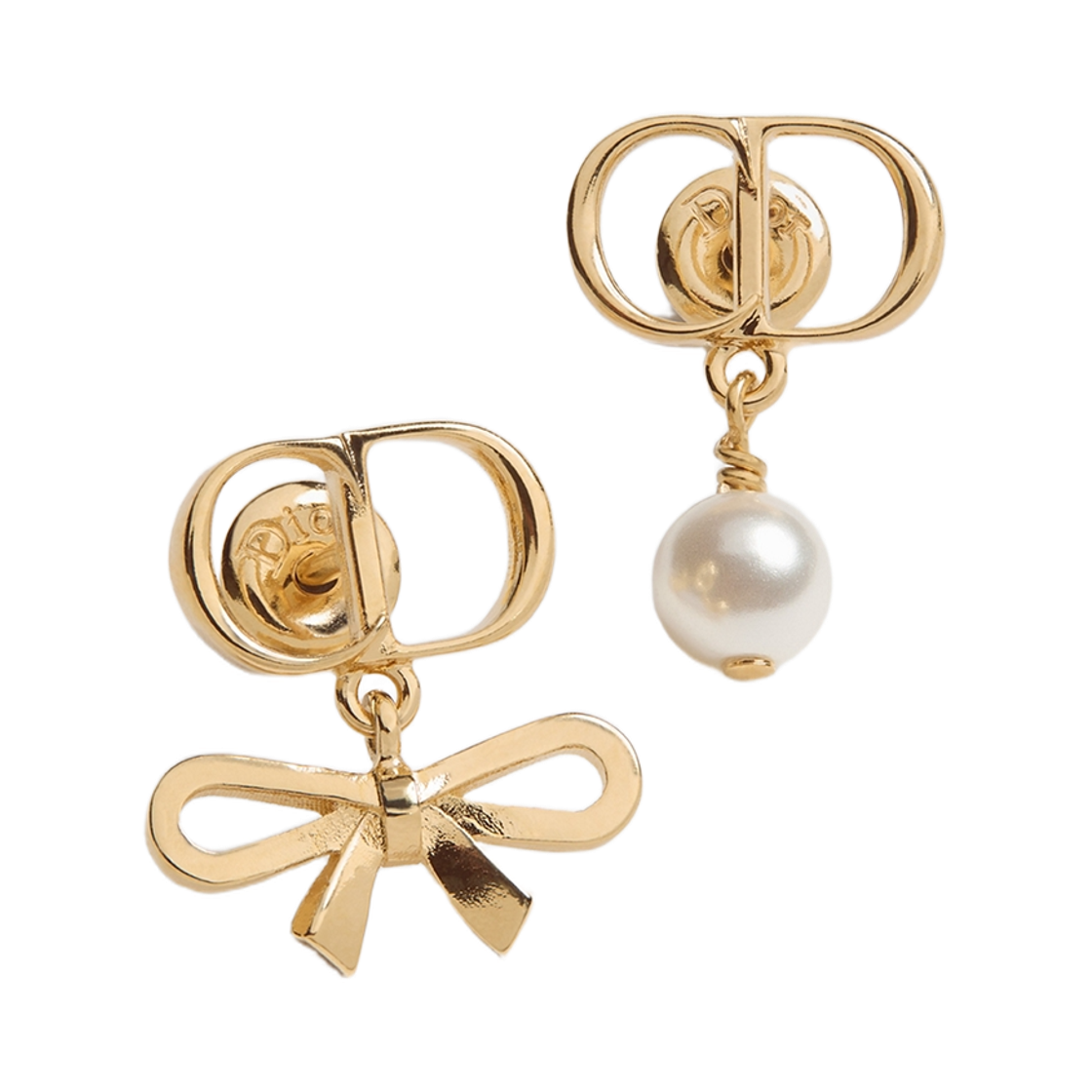 (W) 디올 CD 미니 보우 이어링 골드 피니시 메탈 레진 펄 골드((W) Dior Cd Mini Bow Earrings Gold Finish Metal Resin Pearl Gold) - 1