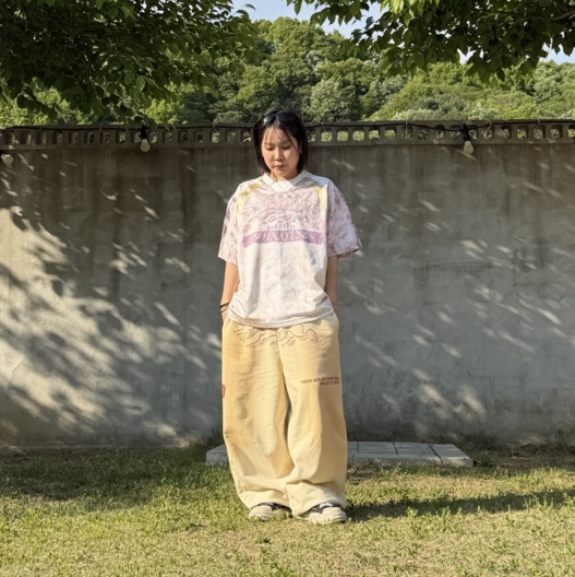 Bsrabbit Color-Block Mesh SST Beige, Bsrabbit Oil-Washed Graphic Pants Ivory 착용 스타일