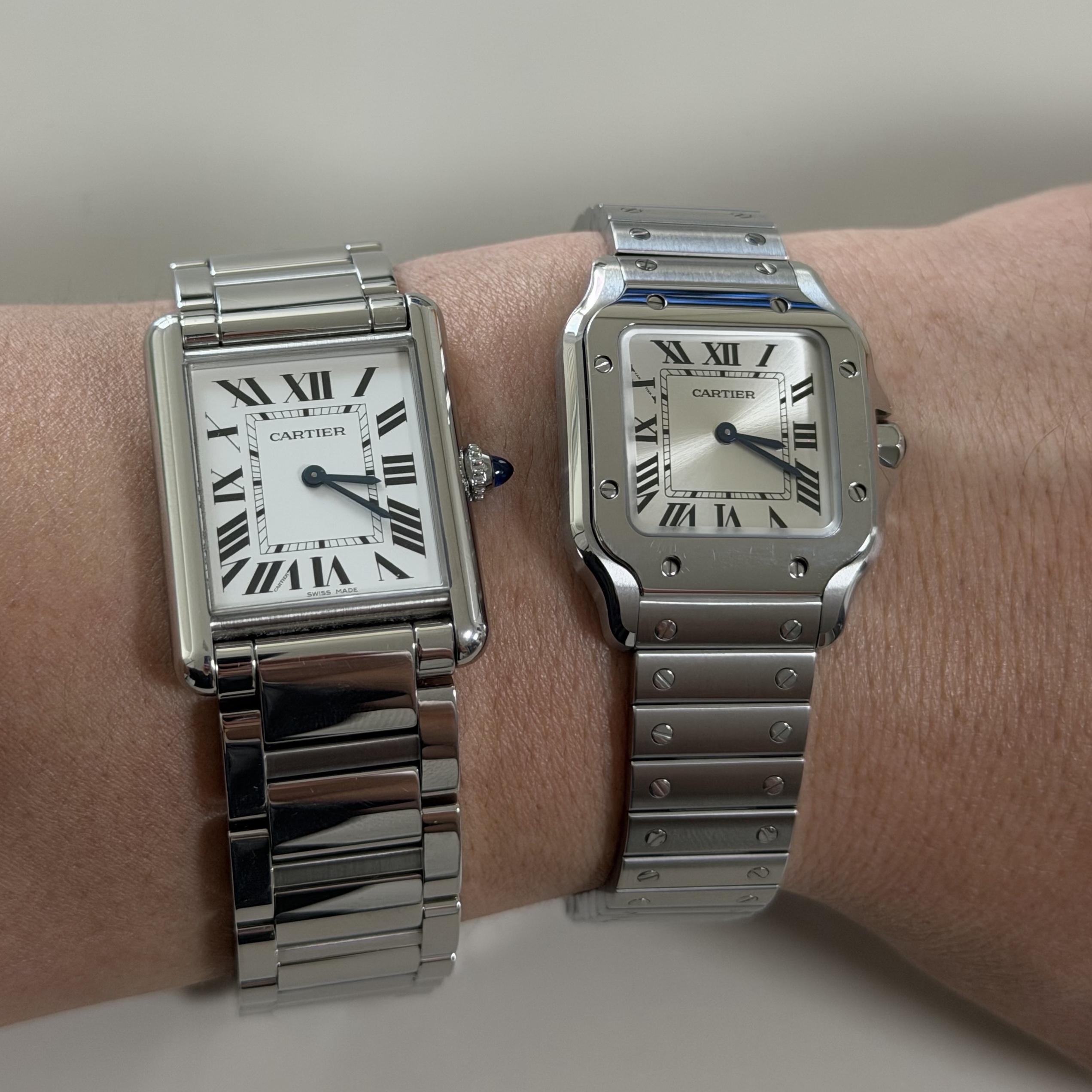 Cartier Tank Must Watch Large Quartz Steel Bracelet Steel 착용 스타일 - 1
