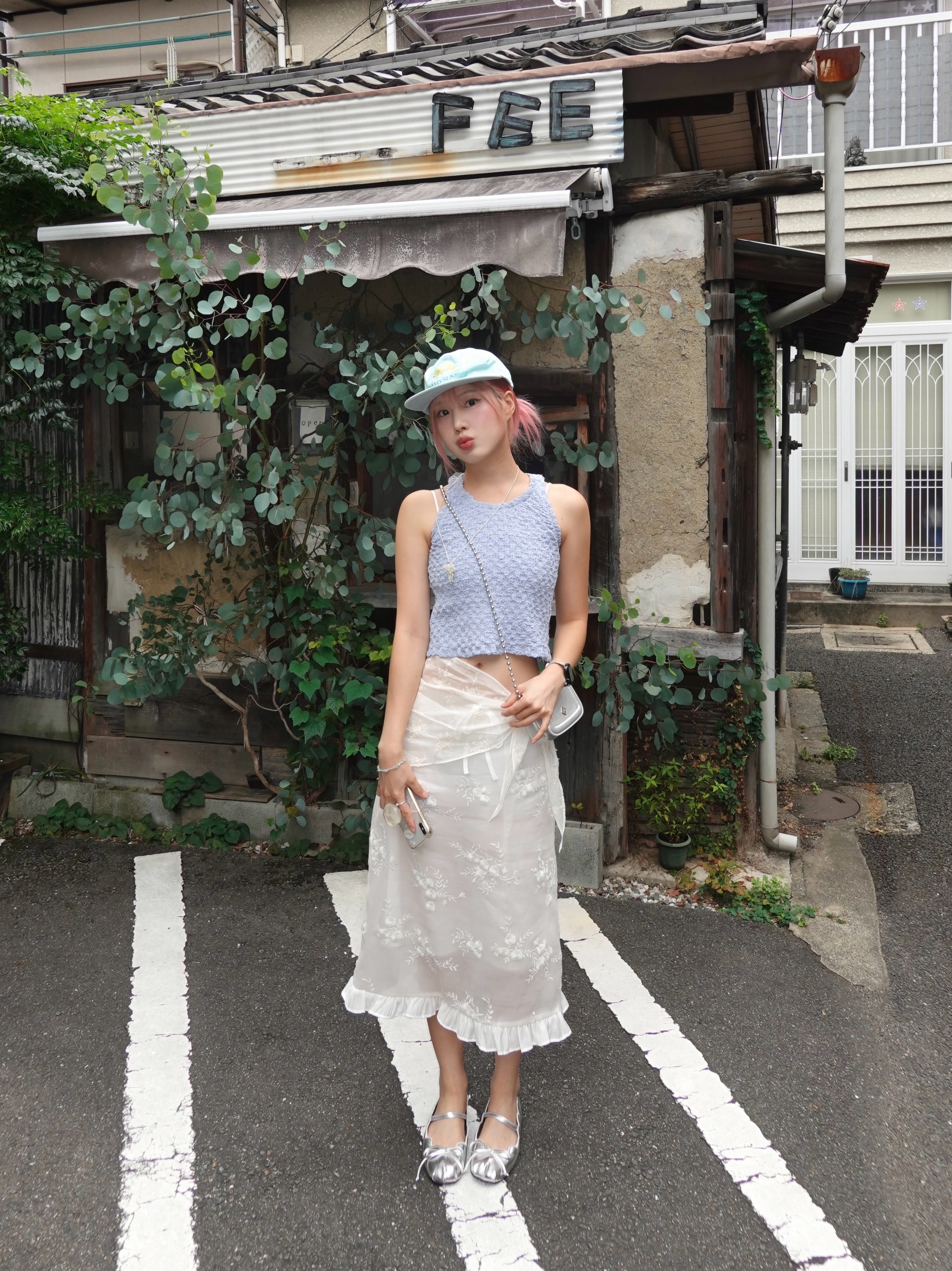 Hello Sunrise Washed Two Tone Logo 6panel Cap Sky Blue 착용 스타일 - 1
