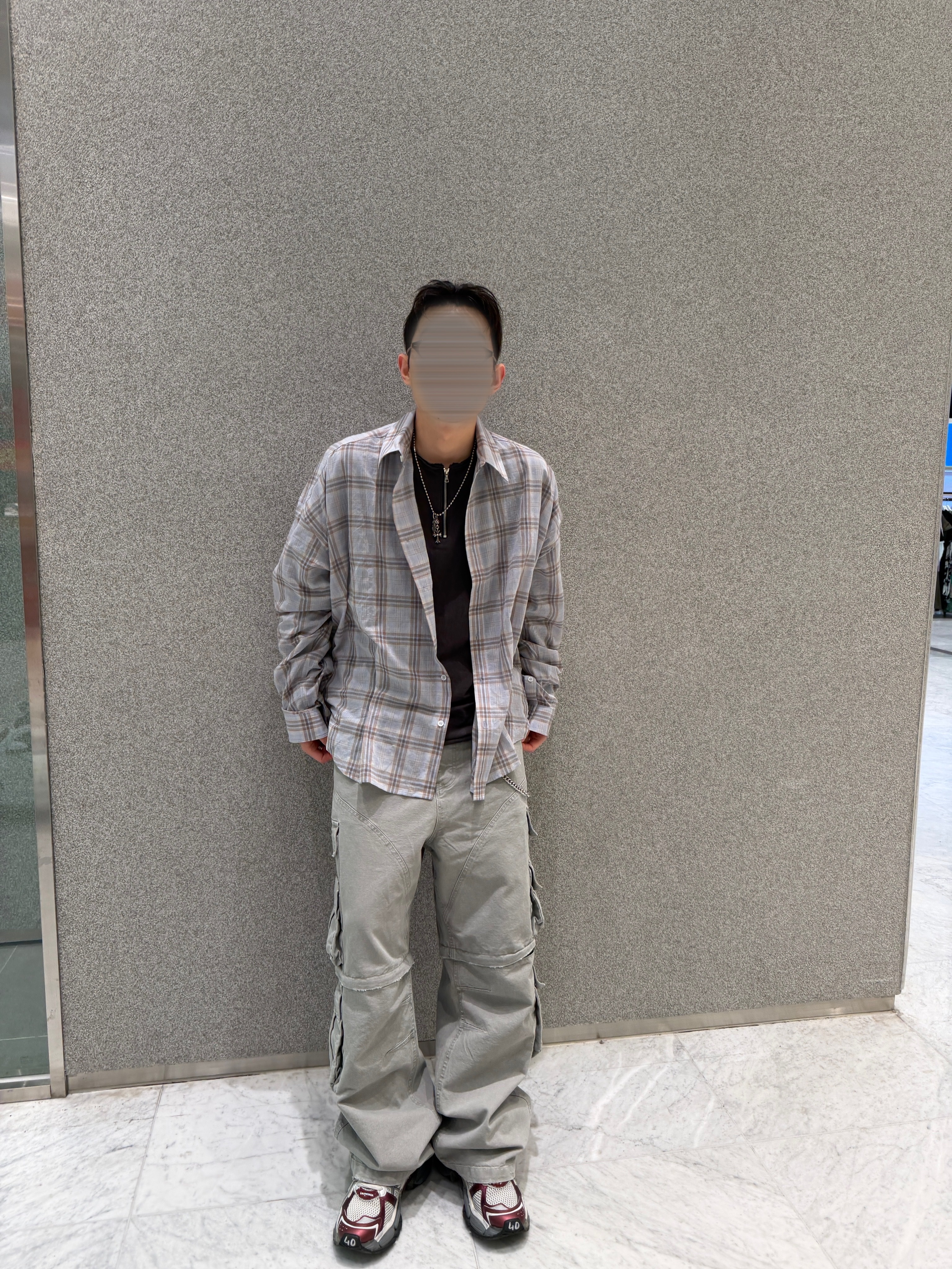 Nonnod Flexible Sheer Check Shirt Ash Gray, Undermycar Combat Utility Cargo Pants Misty Green 착용 스타일 - 5