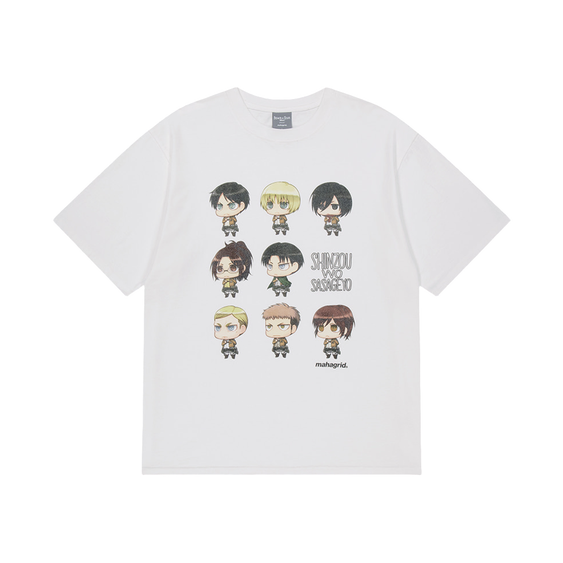마하그리드 x 진격의 거인 사사게요 캐릭터 티셔츠 화이트(Mahagrid x Attack On Titan Sasageyo Character T-Shirt White)