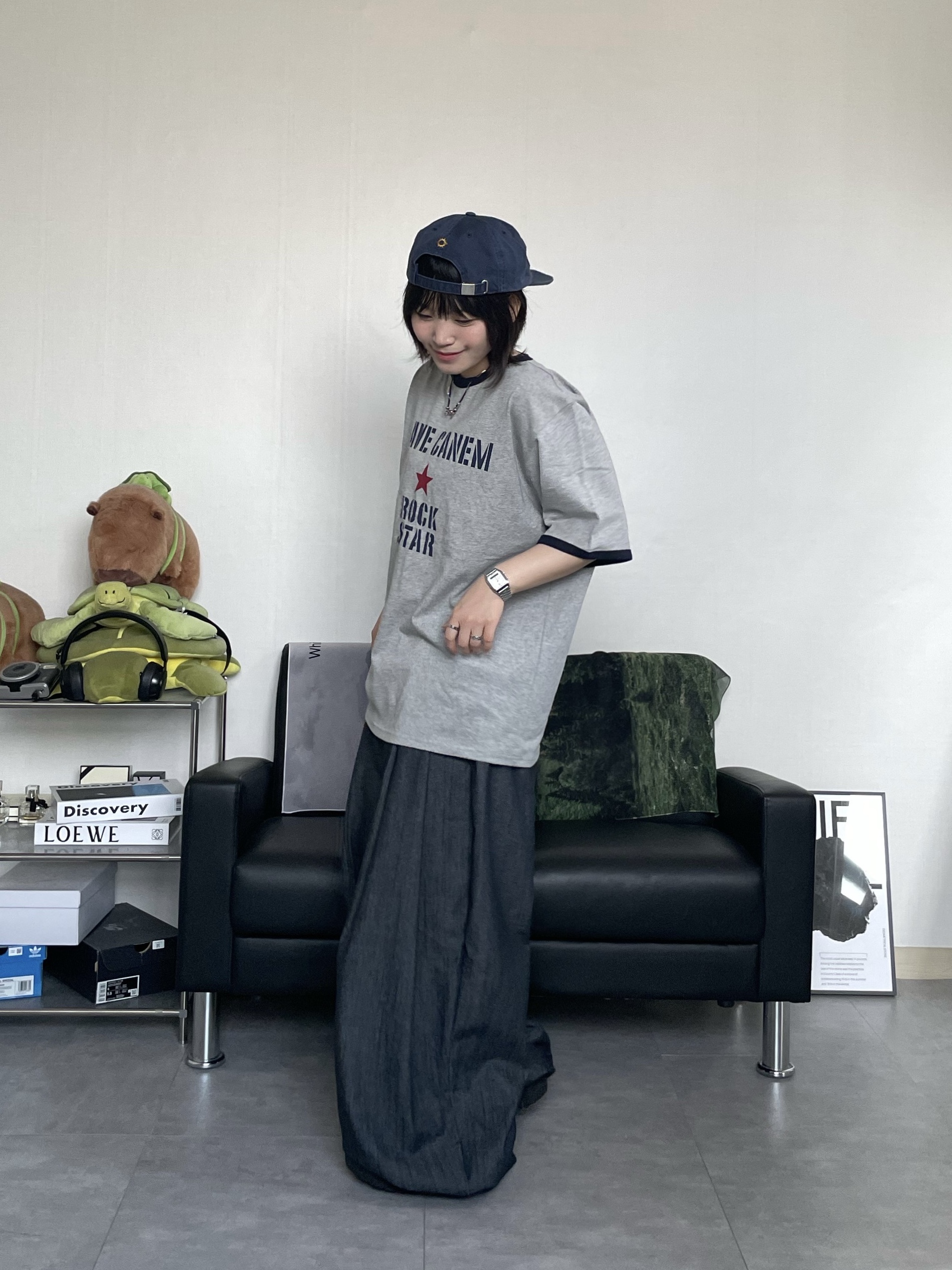 Hello Sunrise Washed HS Arch Logo 6Panel Cap Navy & Orange 착용 스타일 - 1